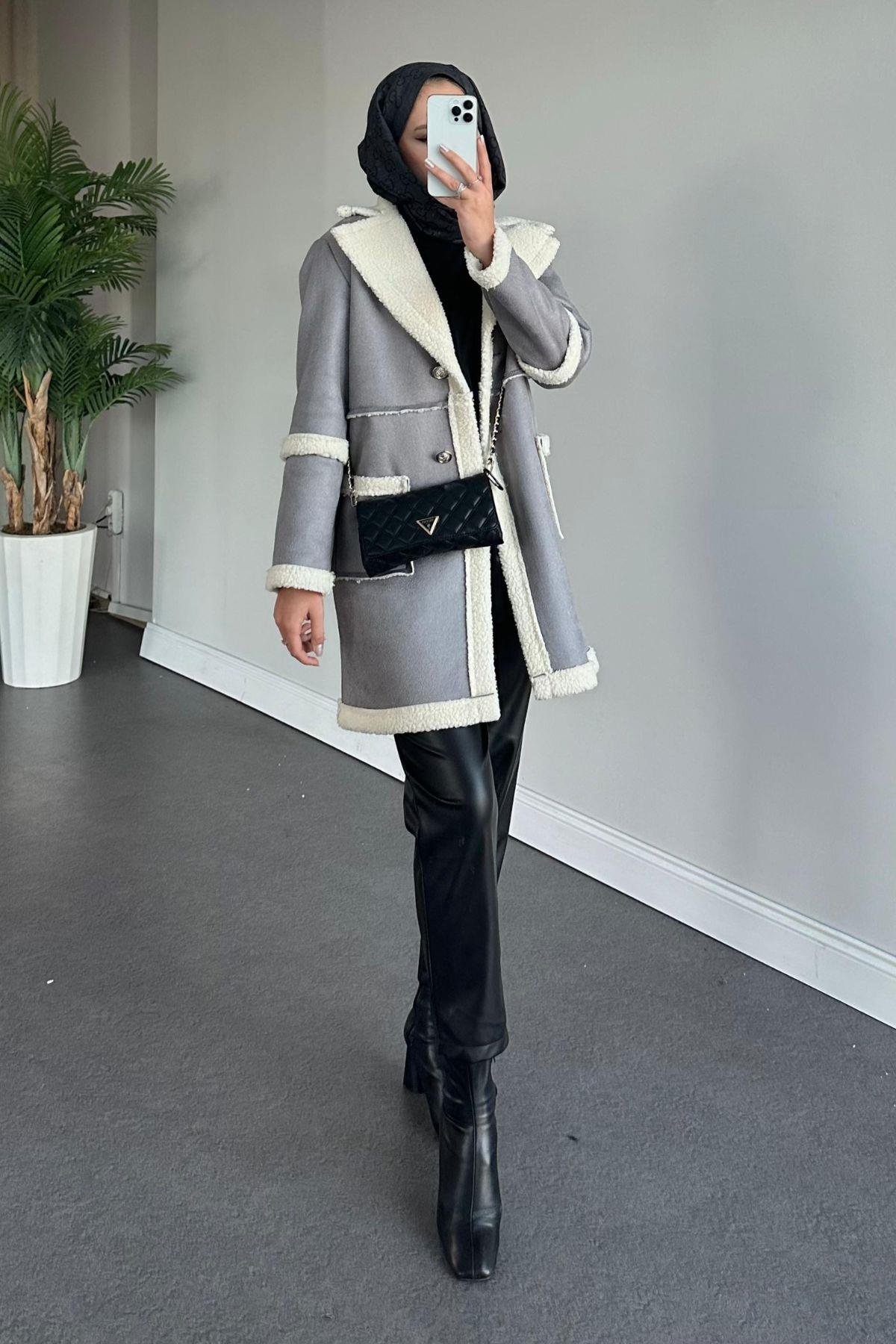Deri Kürklü Kaban Gri, Fiyatları Haza Moda | Tesettür Giyim | Deri Kürklü Kaban Gri
