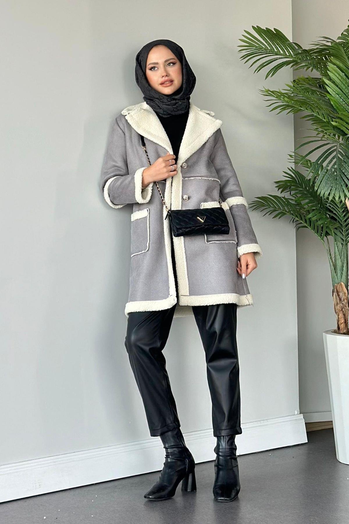 Deri Kürklü Kaban Gri, Fiyatları Haza Moda | Tesettür Giyim | Deri Kürklü Kaban Gri