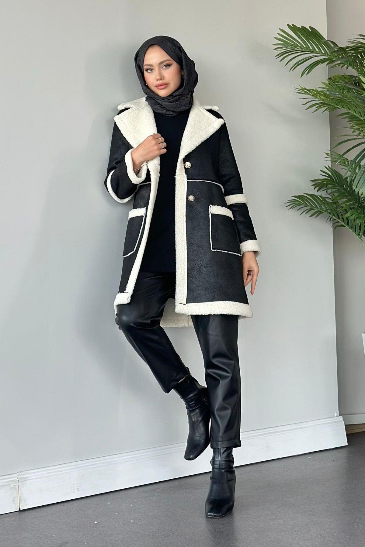 Deri Kürklü Kaban Siyah, Fiyatları Haza Moda | Tesettür Giyim | Deri Kürklü Kaban Siyah