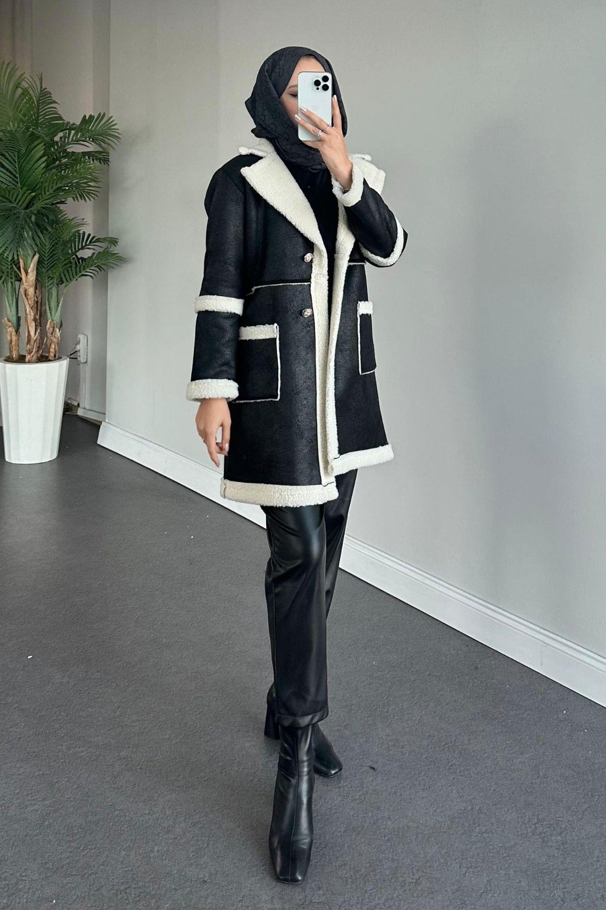 Deri Kürklü Kaban Siyah, Fiyatları Haza Moda | Tesettür Giyim | Deri Kürklü Kaban Siyah