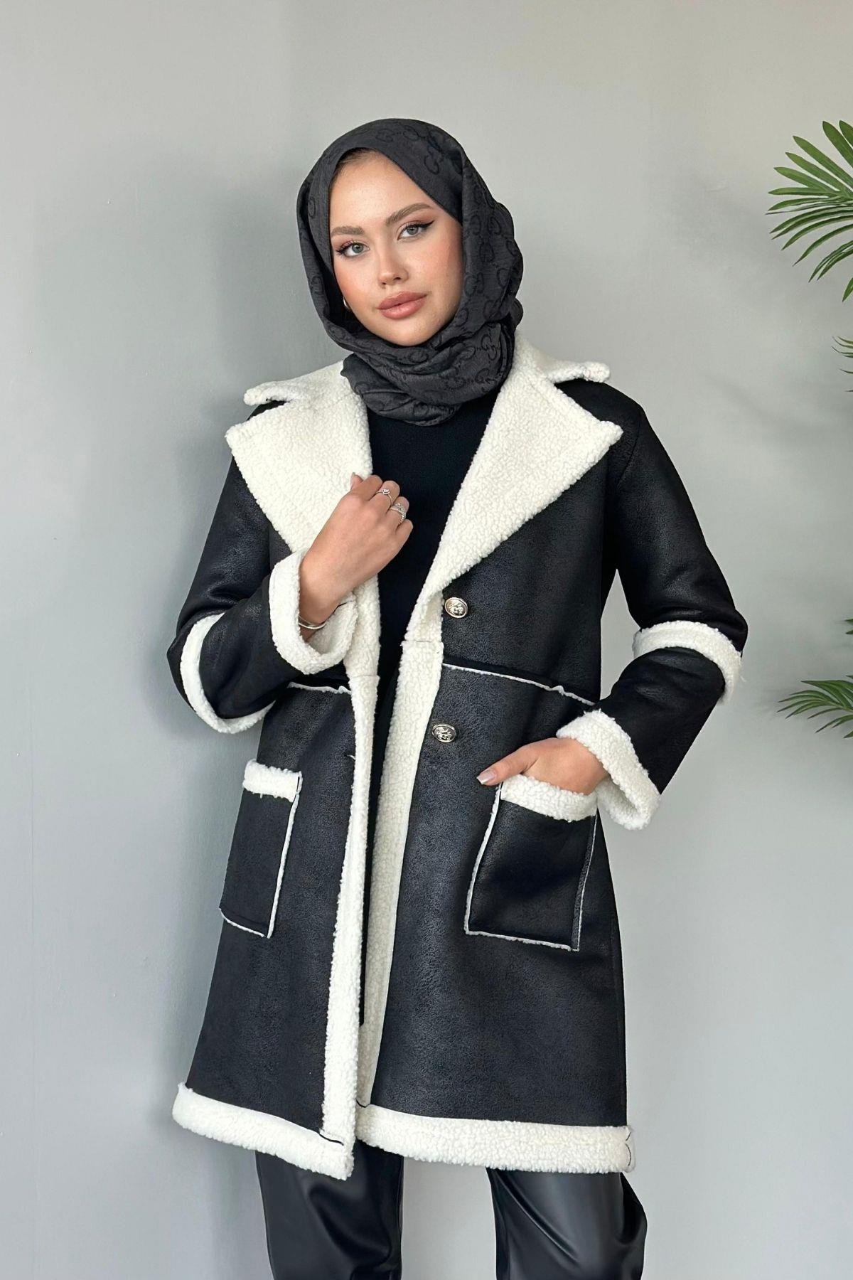 Deri Kürklü Kaban Siyah, Fiyatları Haza Moda | Tesettür Giyim | Deri Kürklü Kaban Siyah