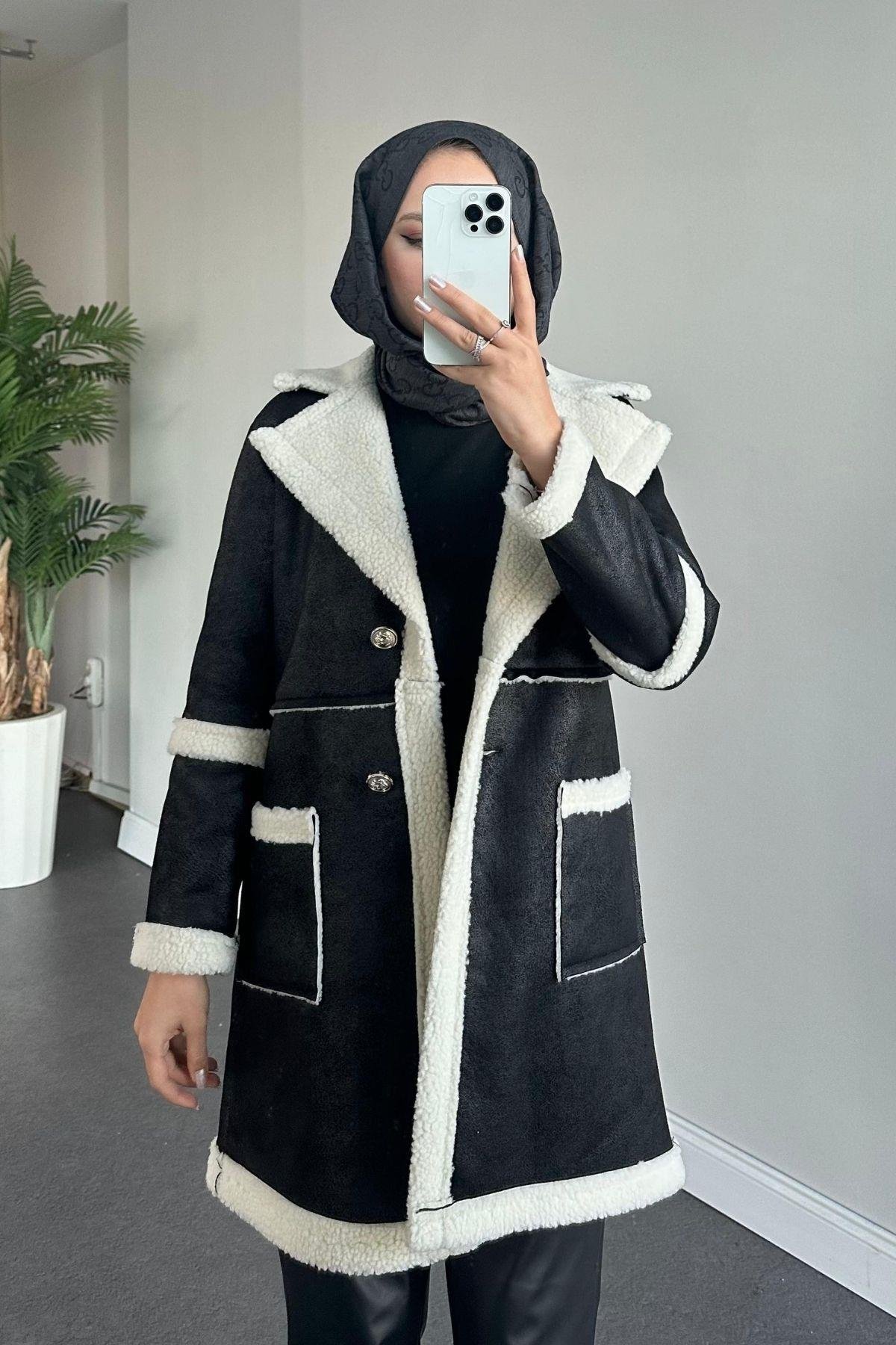 Deri Kürklü Kaban Siyah, Fiyatları Haza Moda | Tesettür Giyim | Deri Kürklü Kaban Siyah