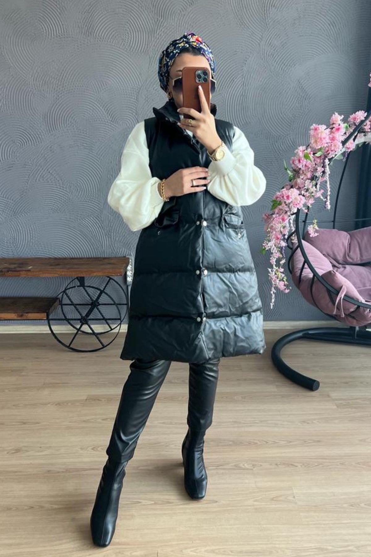 Deri Yelek SİYAH, Fiyatları Fermuar Detay Yelek-SİYAH – Haza Moda | Tesettür Giyim