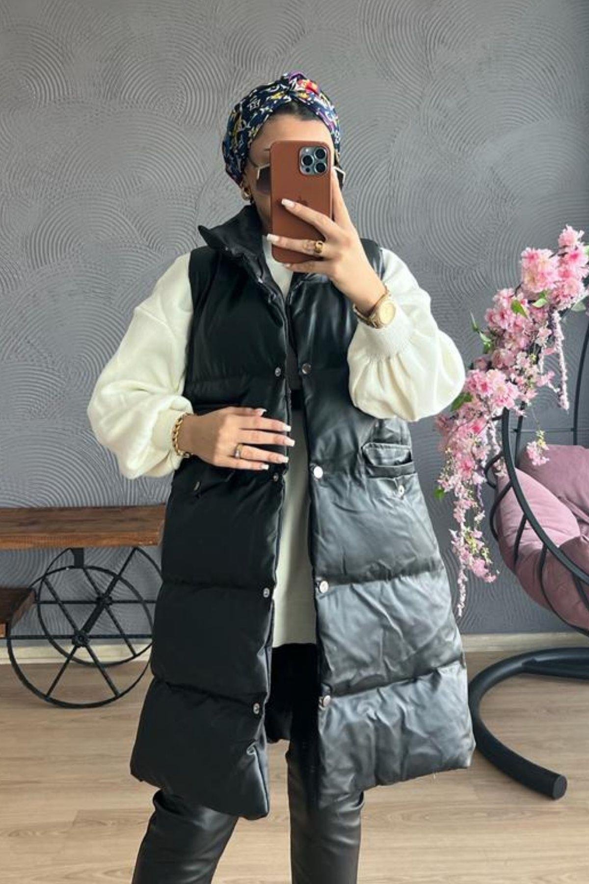 Deri Yelek SİYAH, Fiyatları Fermuar Detay Yelek-SİYAH – Haza Moda | Tesettür Giyim