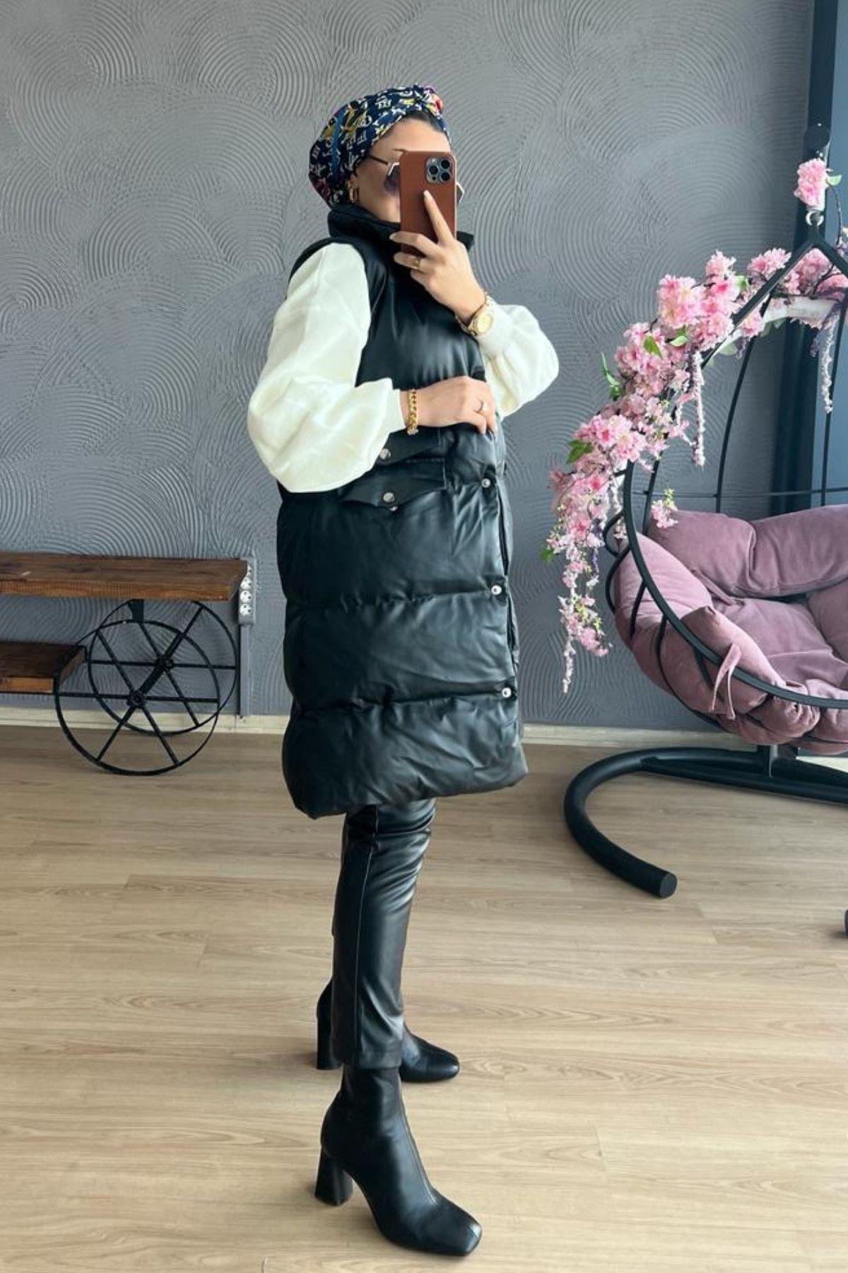 Deri Yelek SİYAH, Fiyatları Fermuar Detay Yelek-SİYAH – Haza Moda | Tesettür Giyim