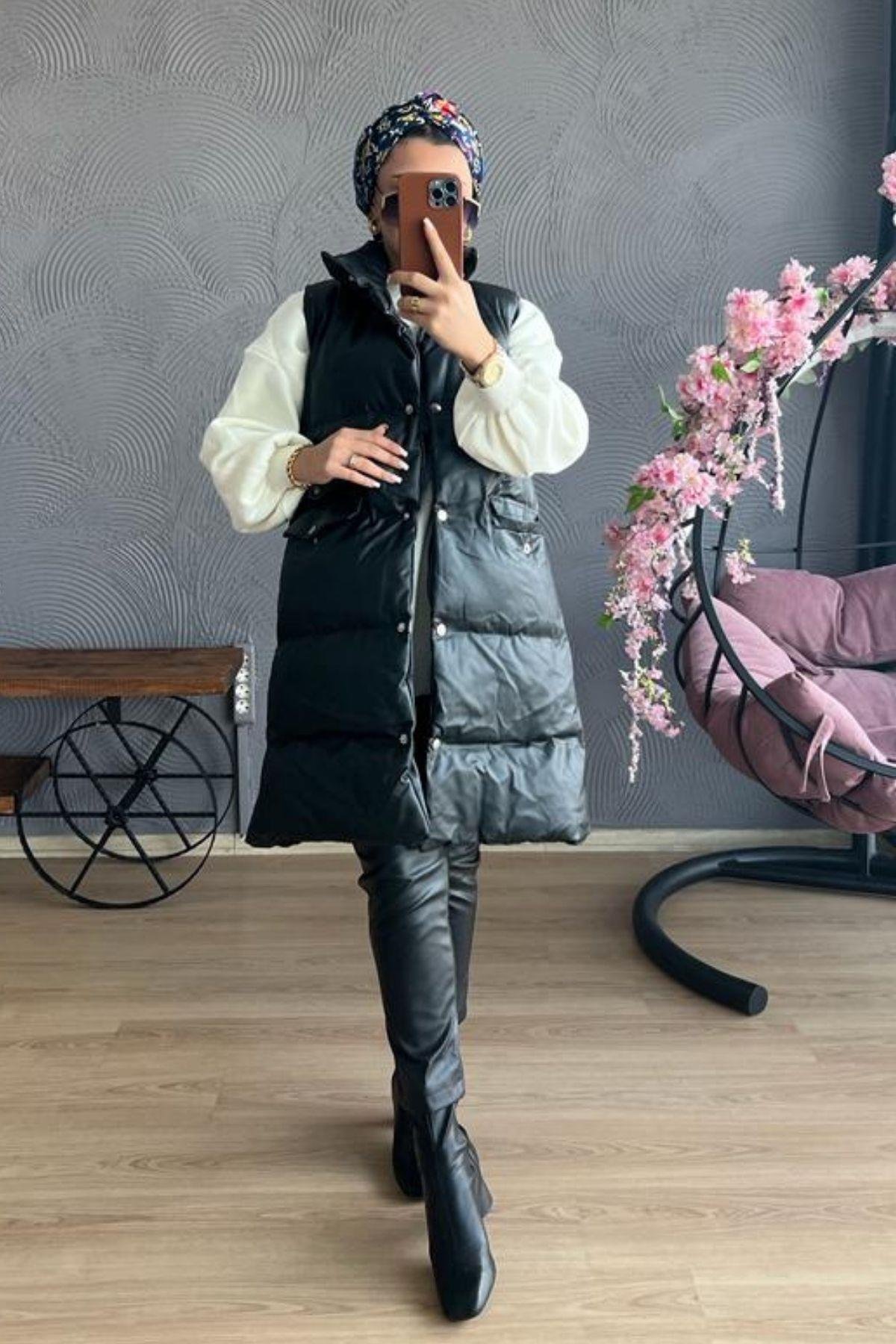 Deri Yelek SİYAH, Fiyatları Fermuar Detay Yelek-SİYAH – Haza Moda | Tesettür Giyim