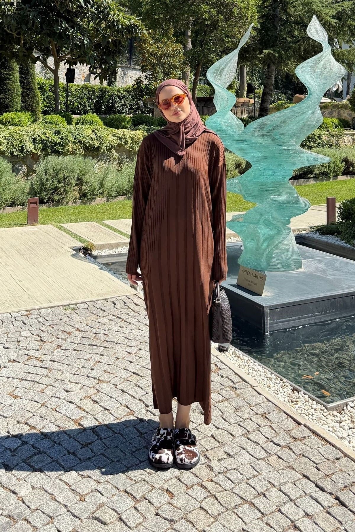 Derin Çizgili Merserize Elbise Kahve, Fiyatları 