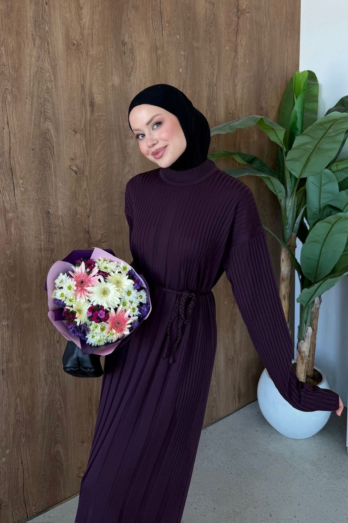 Derin Çizgili Merserize Elbise Mürdüm, Fiyatları 