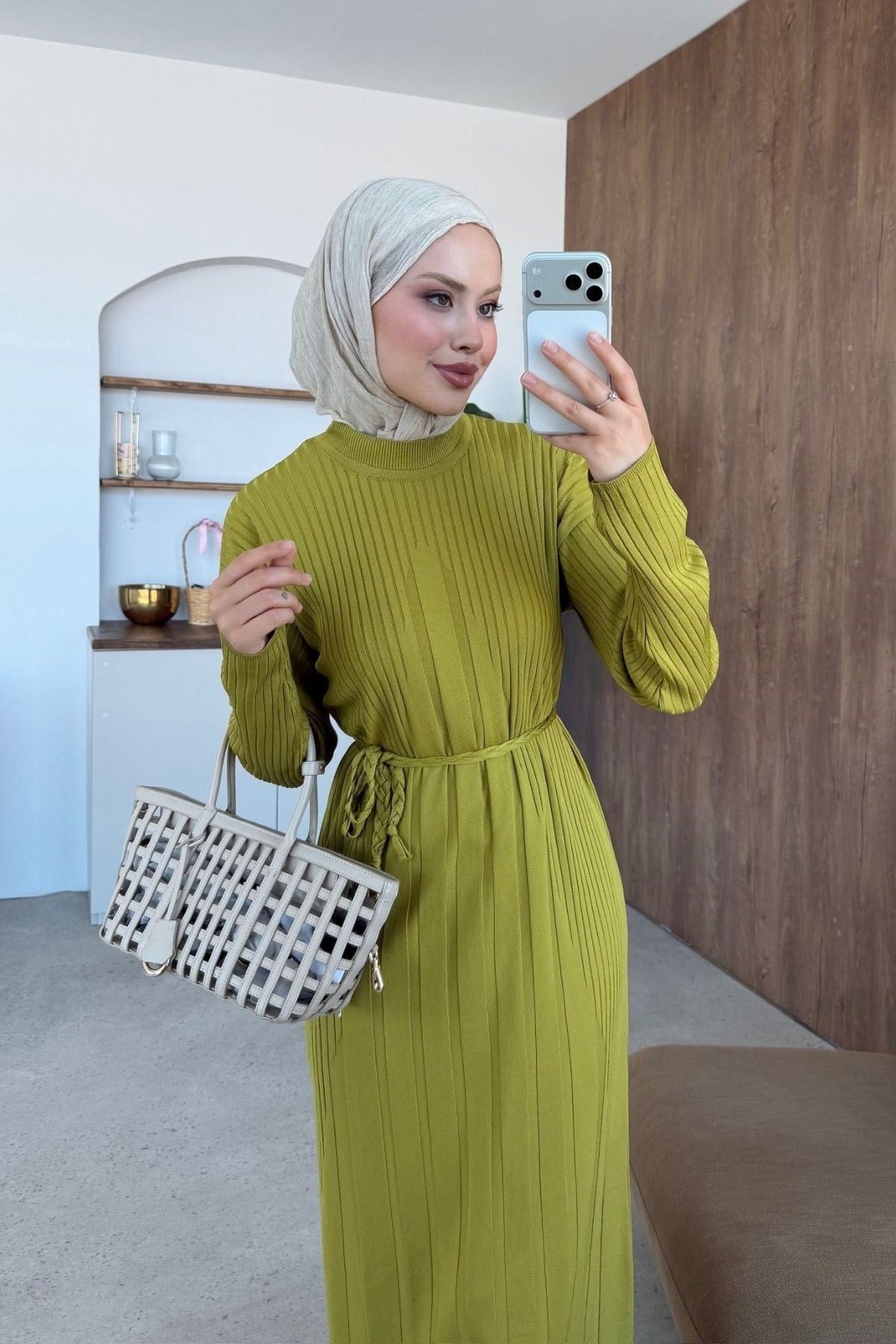 Derin Çizgili Merserize Elbise Yağ Yeşili, Fiyatları 