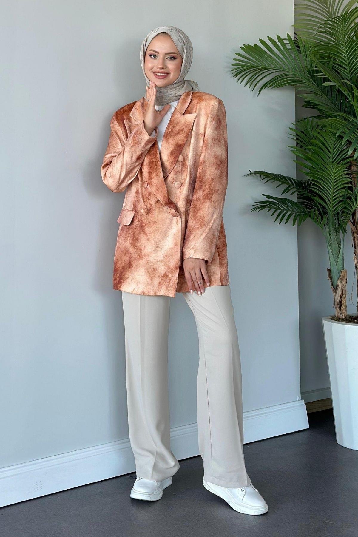 Desenli Blazer Ceket Kiremit, Fiyatları Haza Moda | Tesettür Giyim | Desenli Blazer Ceket Kiremit