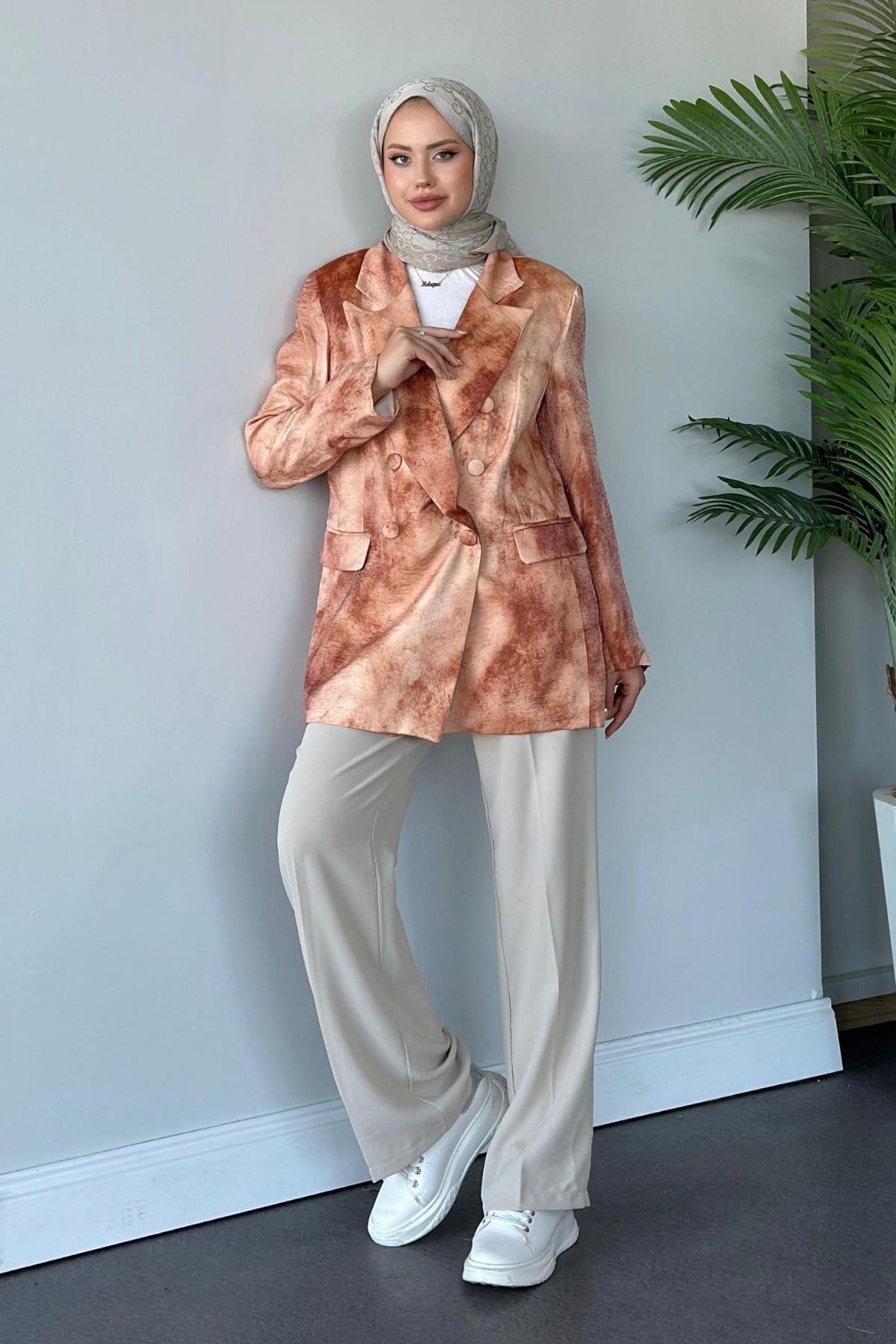 Desenli Blazer Ceket Kiremit, Fiyatları Haza Moda | Tesettür Giyim | Desenli Blazer Ceket Kiremit