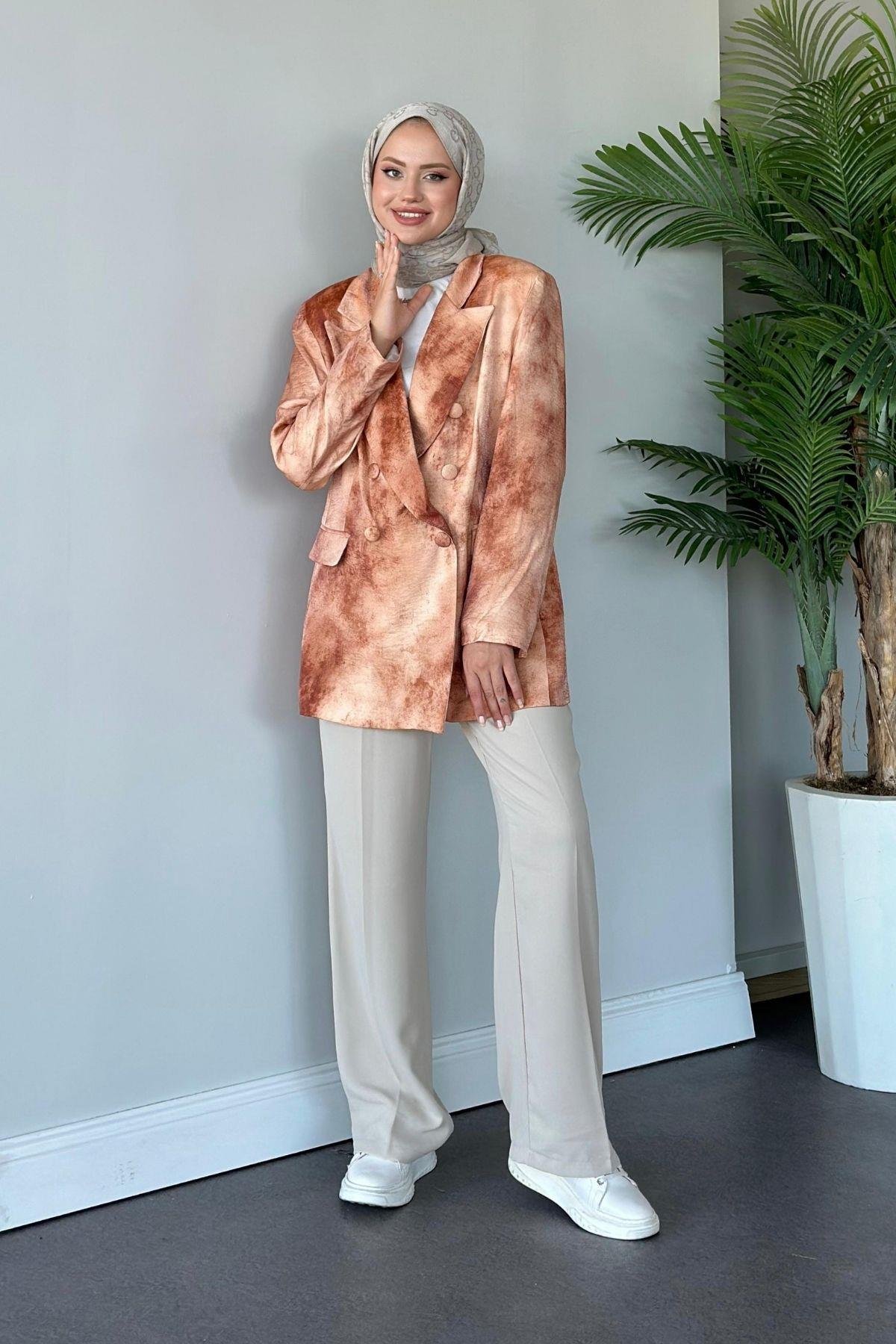 Desenli Blazer Ceket Kiremit, Fiyatları Haza Moda | Tesettür Giyim | Desenli Blazer Ceket Kiremit