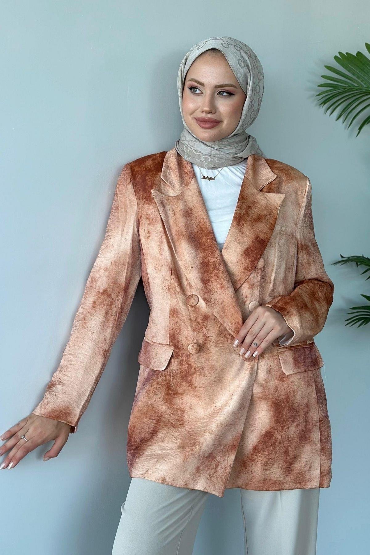 Desenli Blazer Ceket Kiremit, Fiyatları Haza Moda | Tesettür Giyim | Desenli Blazer Ceket Kiremit