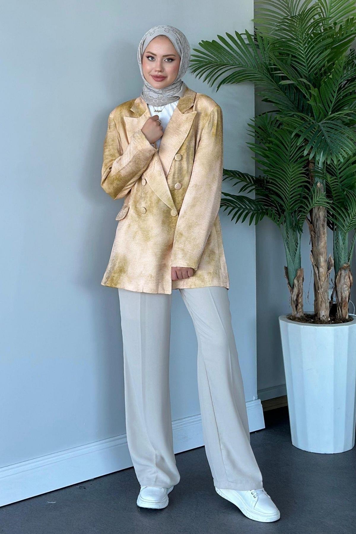 Desenli Blazer Ceket Sarı, Fiyatları Haza Moda | Tesettür Giyim | Desenli Blazer Ceket Sarı