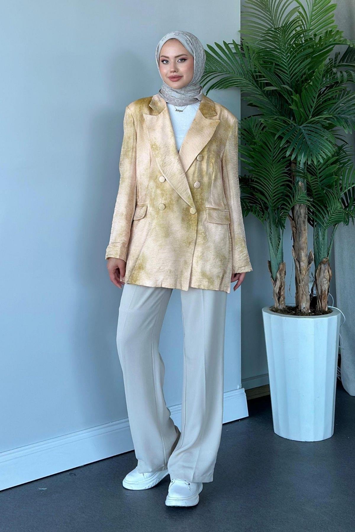 Desenli Blazer Ceket Sarı, Fiyatları Haza Moda | Tesettür Giyim | Desenli Blazer Ceket Sarı