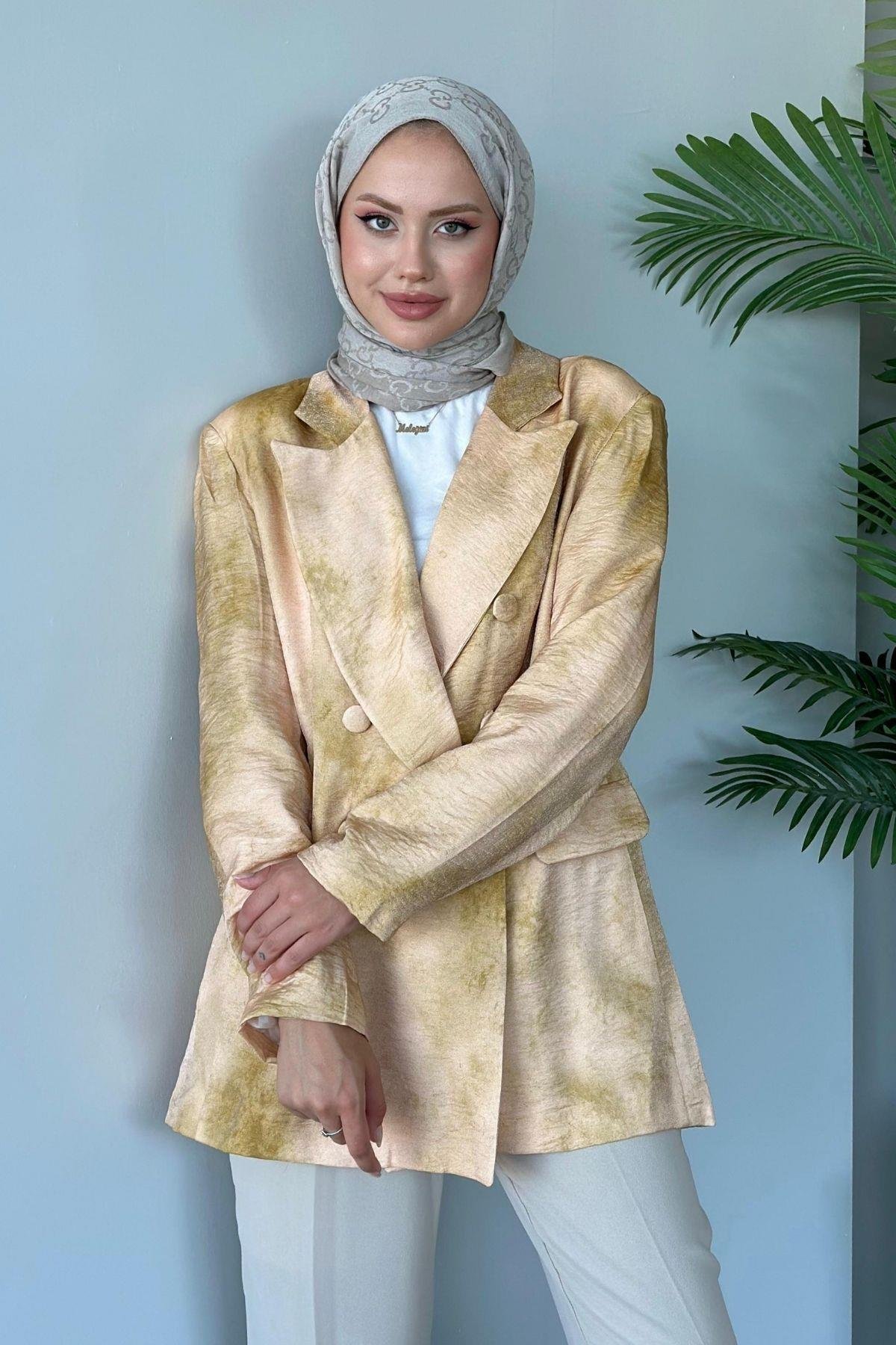 Desenli Blazer Ceket Sarı, Fiyatları Haza Moda | Tesettür Giyim | Desenli Blazer Ceket Sarı