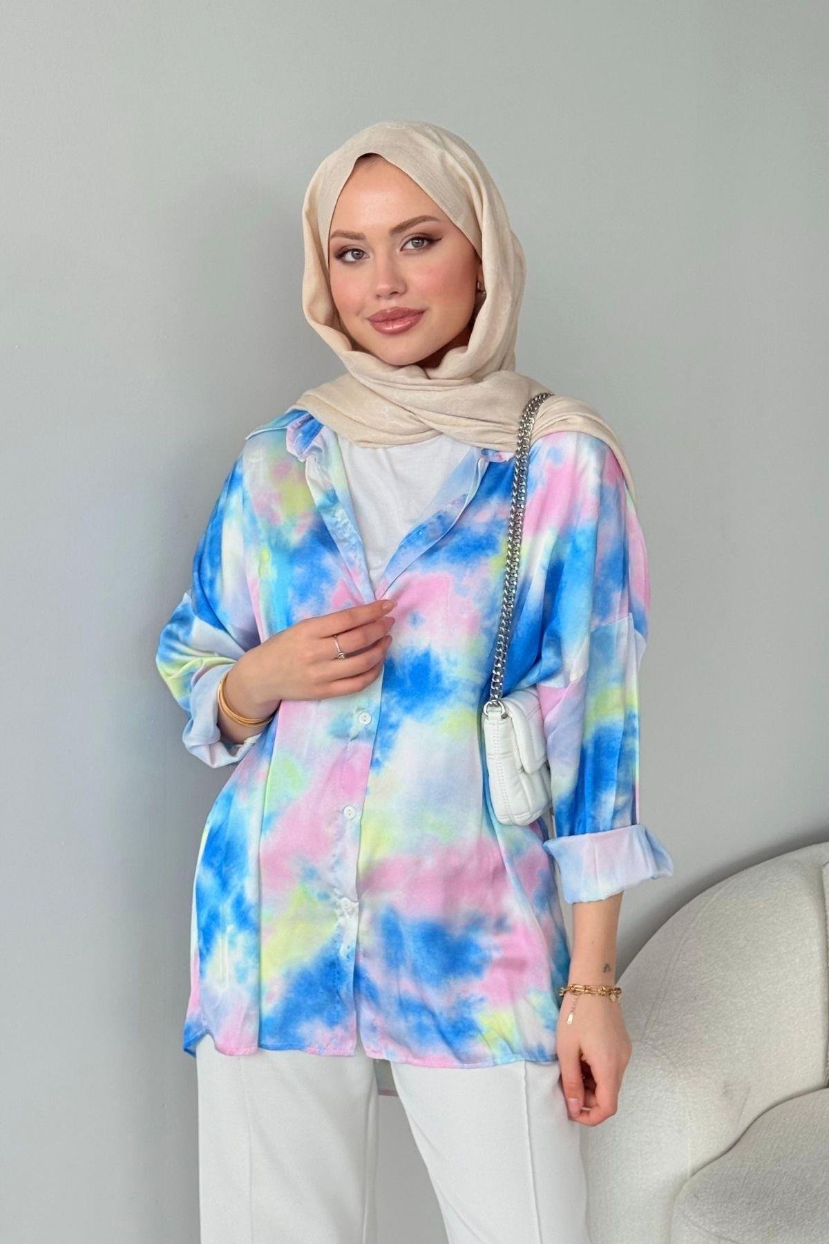 Desenli Saten Gömlek Mavi, Fiyatları Desenli Saten Gömlek Mavi Haza Moda 