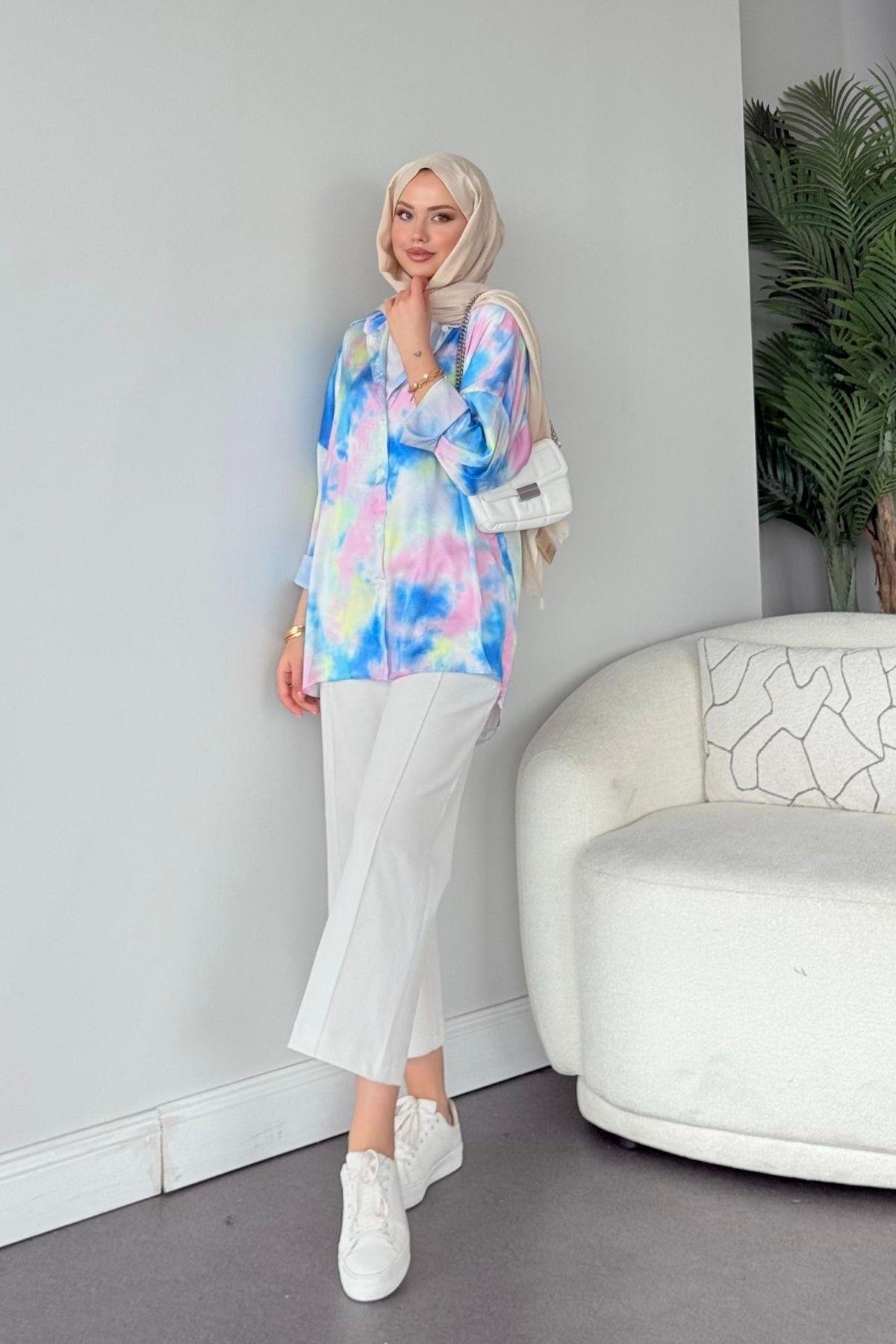 Desenli Saten Gömlek Mavi, Fiyatları Desenli Saten Gömlek Mavi Haza Moda 