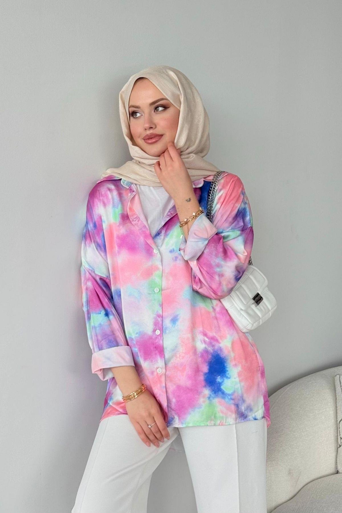 Desenli Saten Gömlek Pembe, Fiyatları Desenli Saten Gömlek Pembe Haza Moda 
