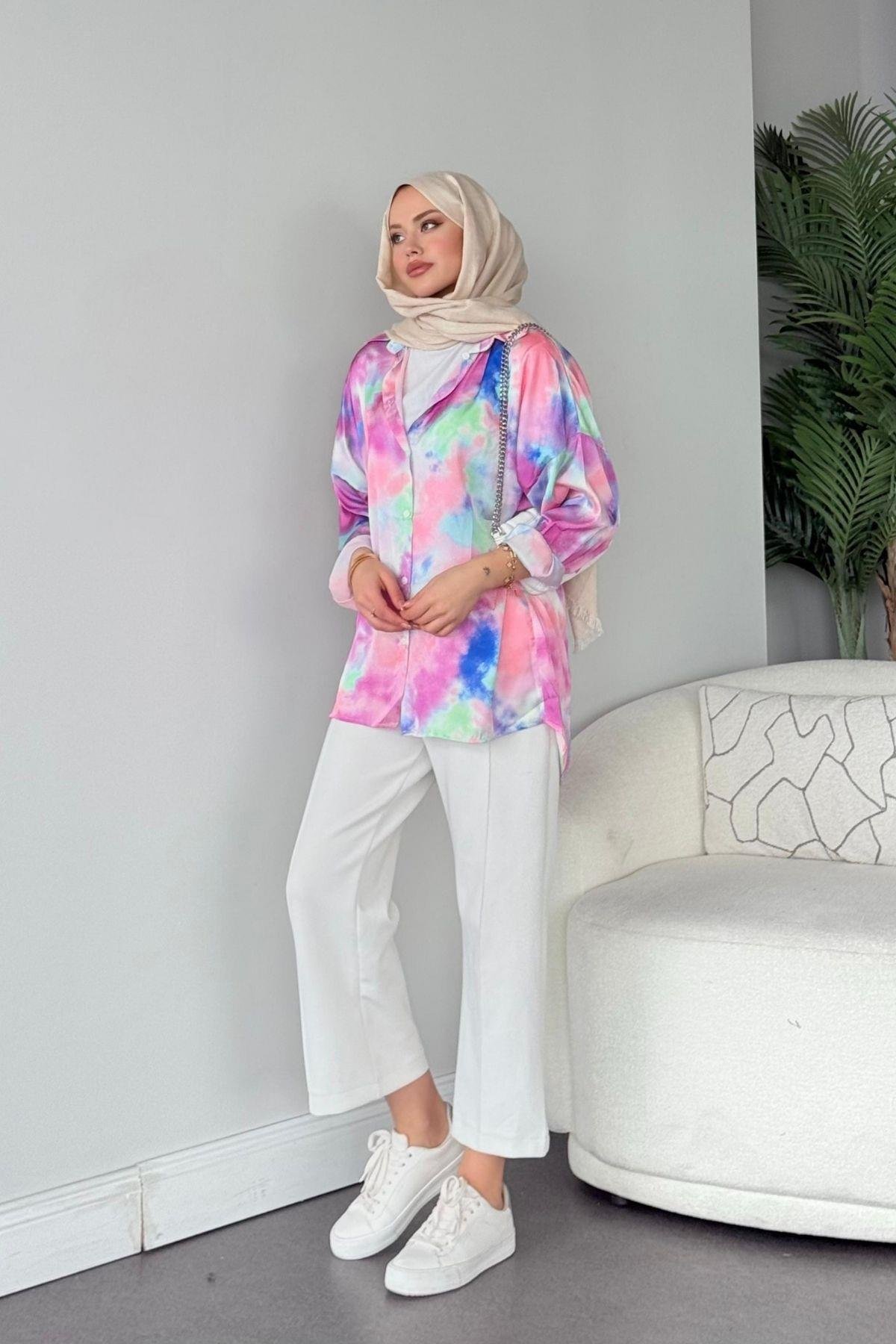 Desenli Saten Gömlek Pembe, Fiyatları Desenli Saten Gömlek Pembe Haza Moda 