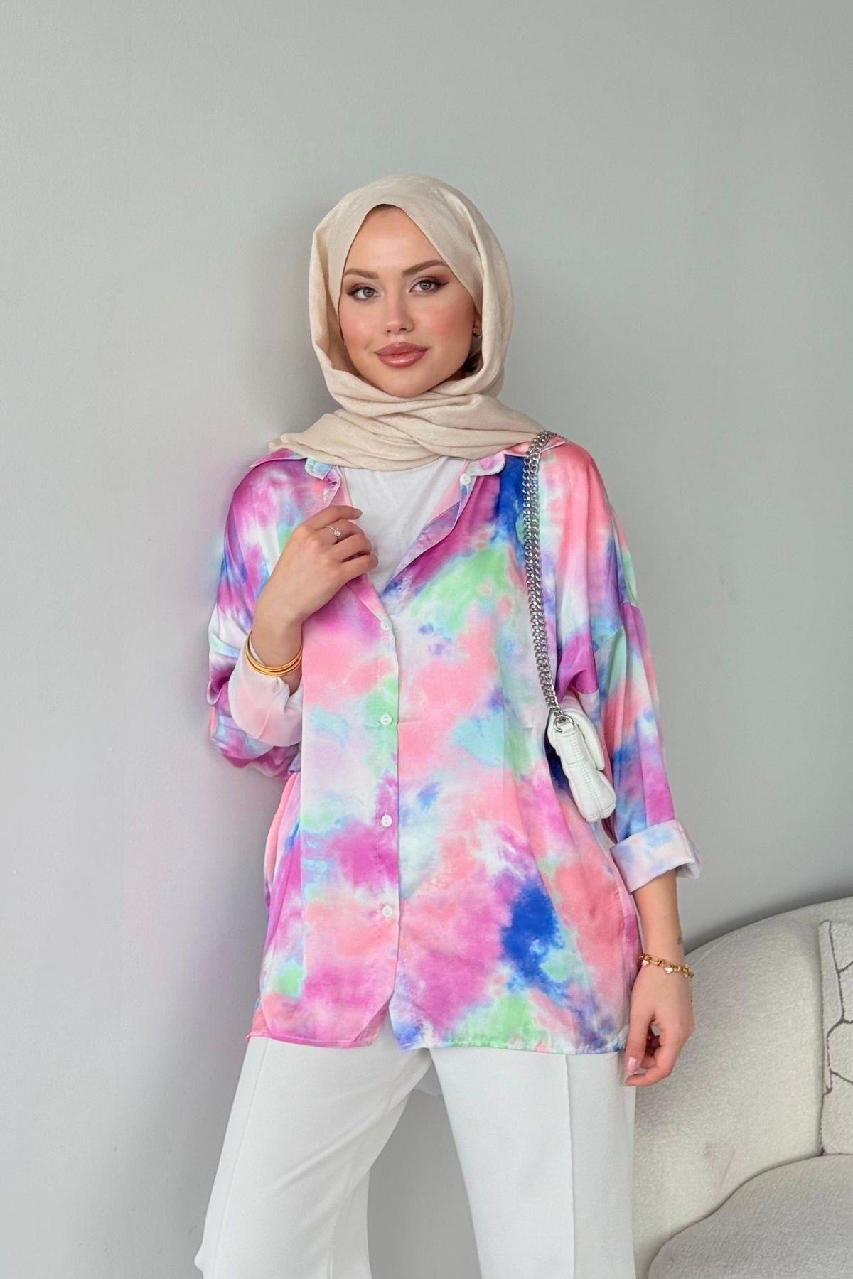 Desenli Saten Gömlek Pembe, Fiyatları Desenli Saten Gömlek Pembe Haza Moda 