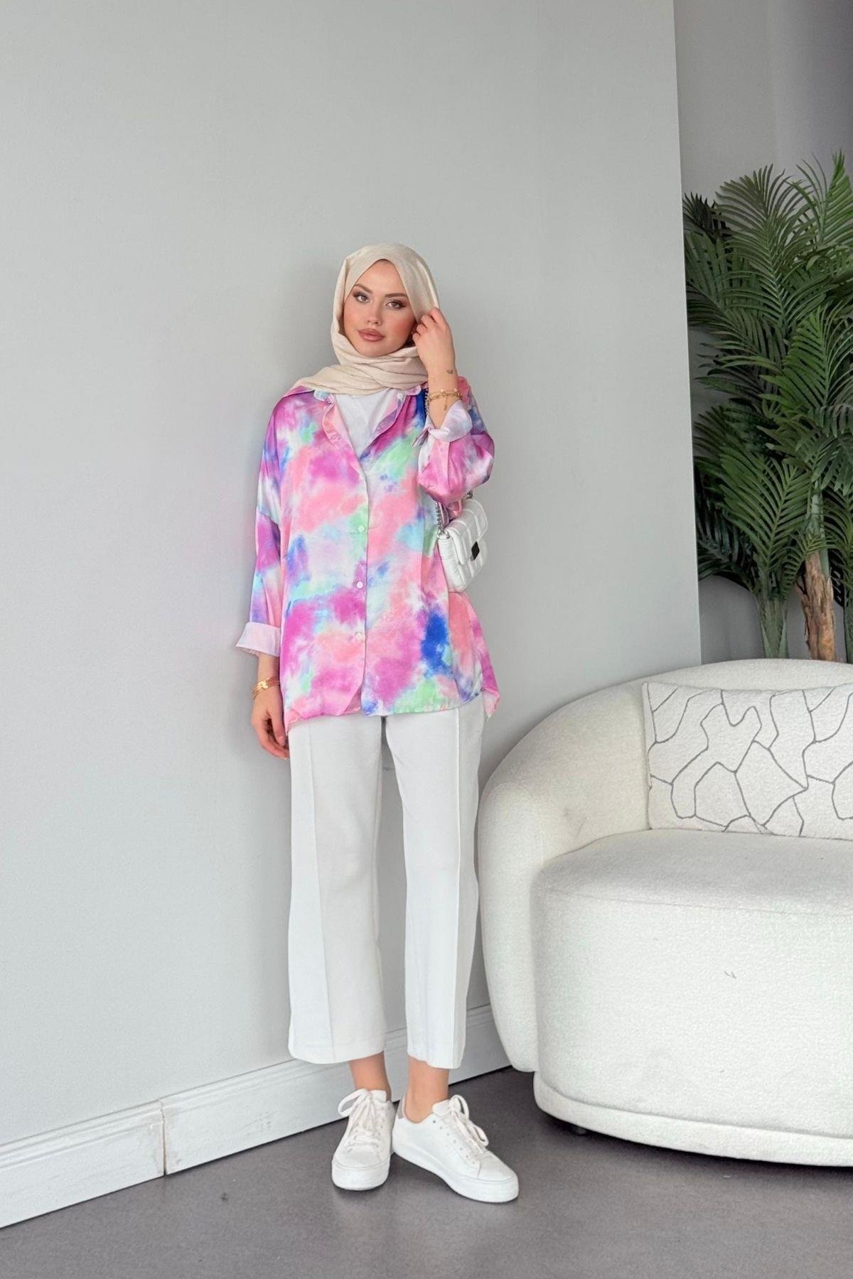 Desenli Saten Gömlek Pembe, Fiyatları Desenli Saten Gömlek Pembe Haza Moda 