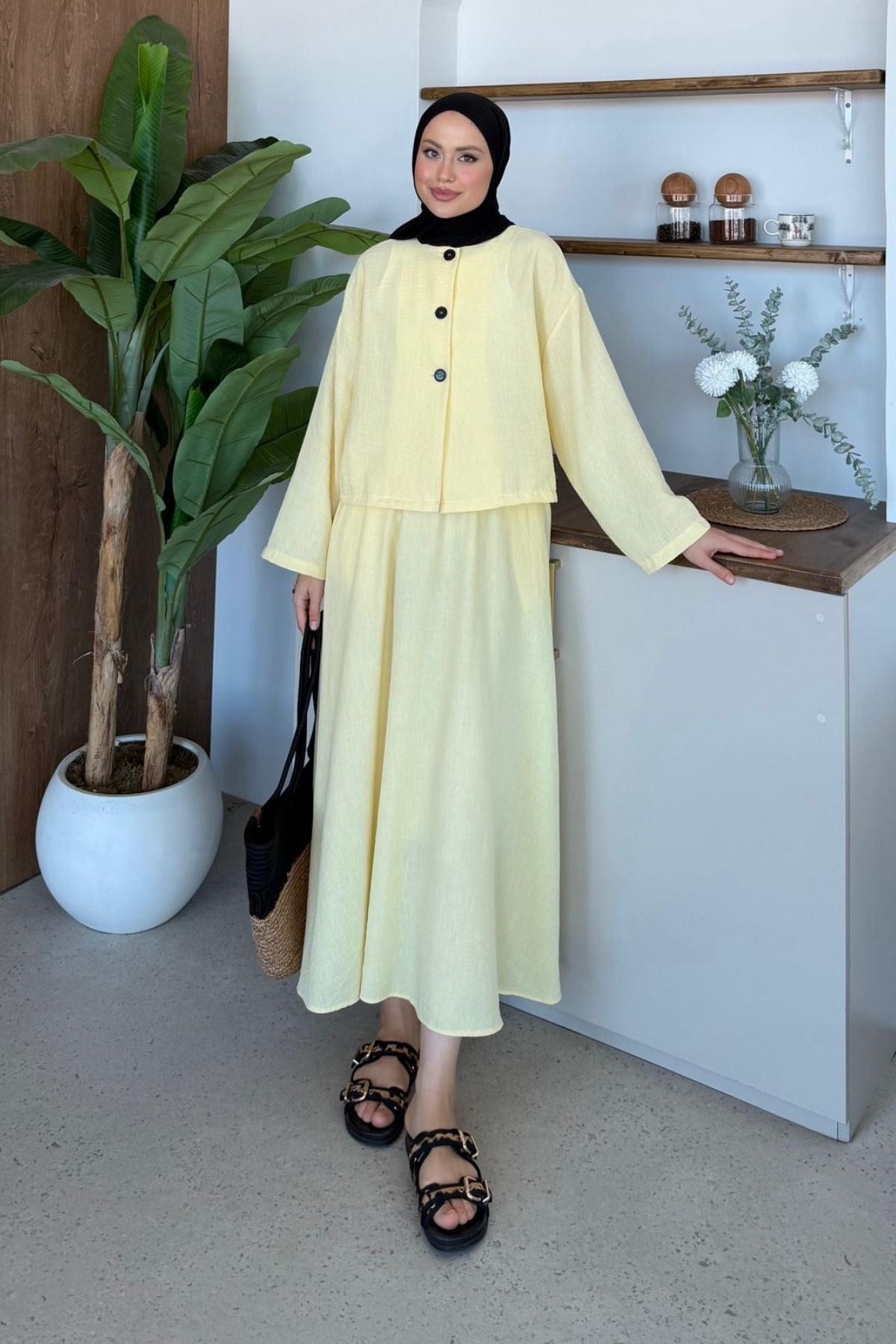 Dilan Keten Etekli Takım Sarı, Fiyatları Dilan Keten Etekli Takım Sarı| Haza Moda