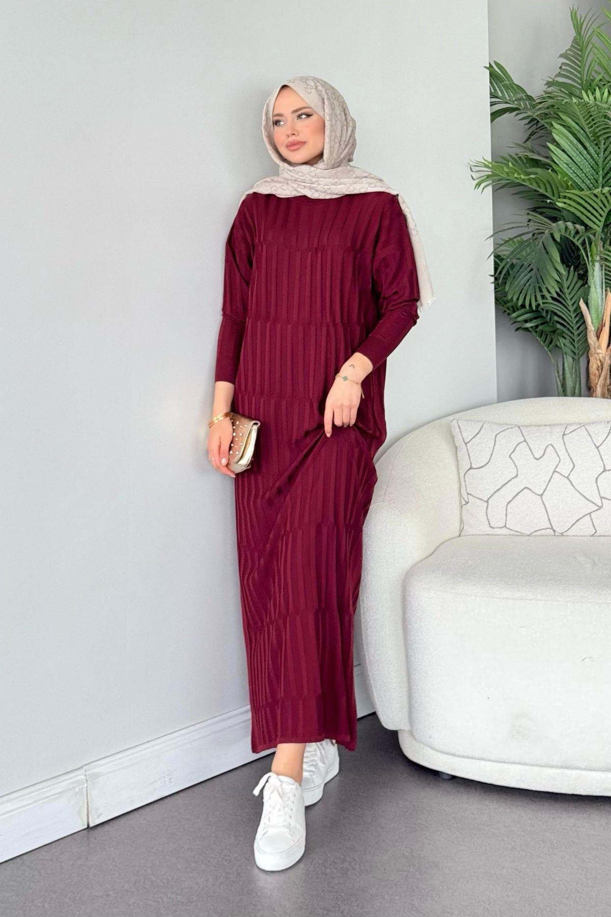Dolgu Merserize Elbise Bordo, Fiyatları Dolgu Merserize Elbise Bordo- Haza Moda 