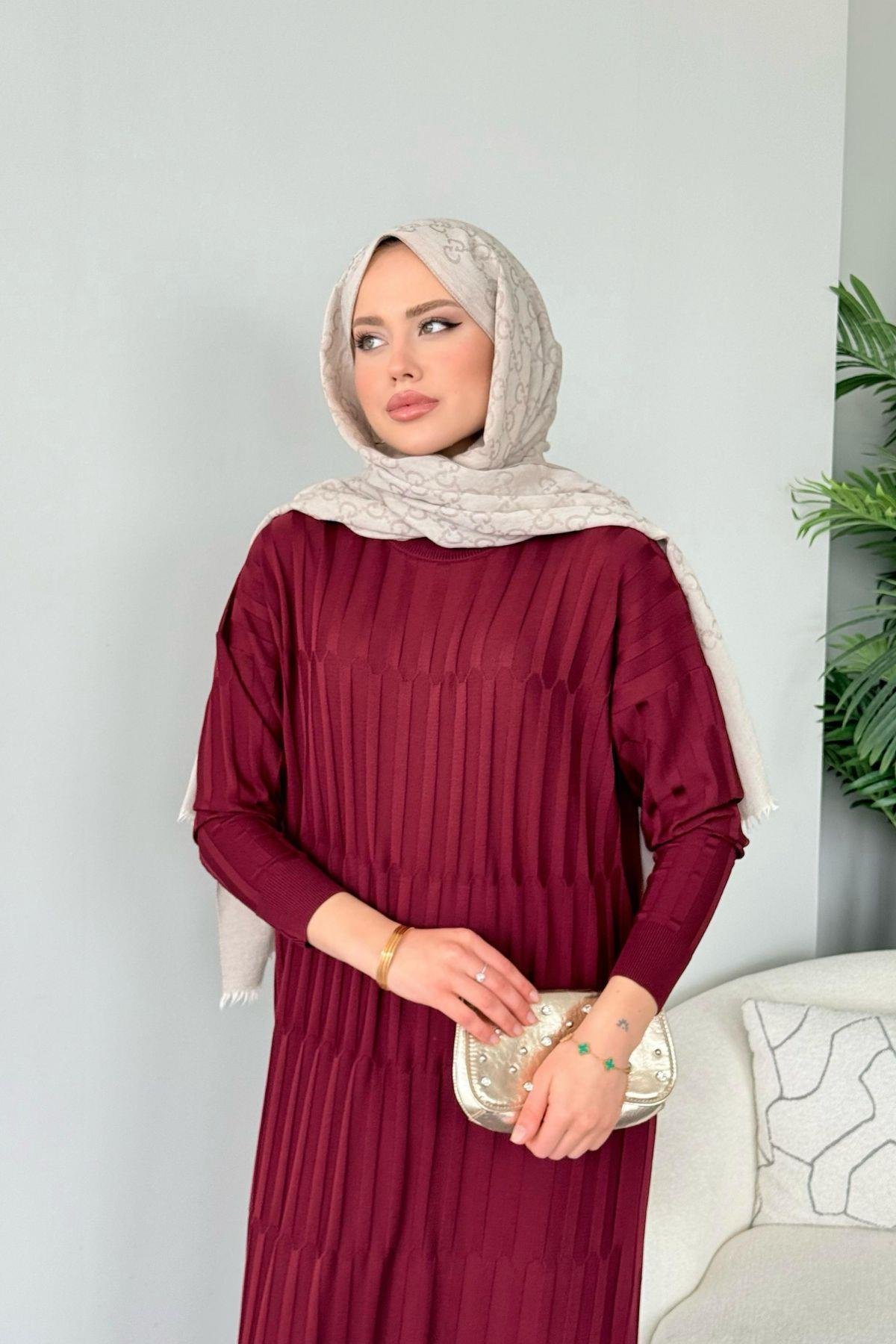 Dolgu Merserize Elbise Bordo, Fiyatları Dolgu Merserize Elbise Bordo- Haza Moda 