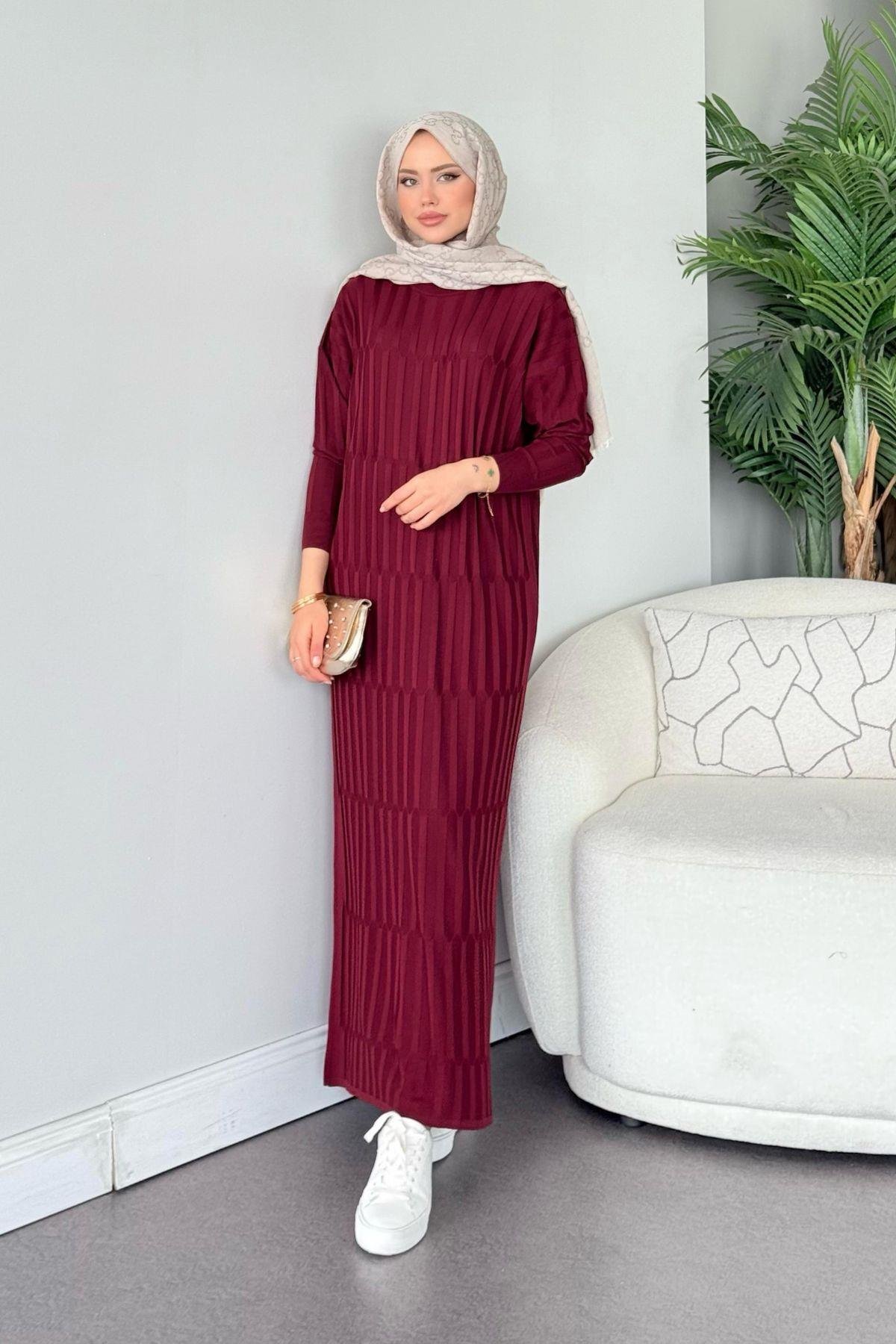 Dolgu Merserize Elbise Bordo, Fiyatları Dolgu Merserize Elbise Bordo- Haza Moda 