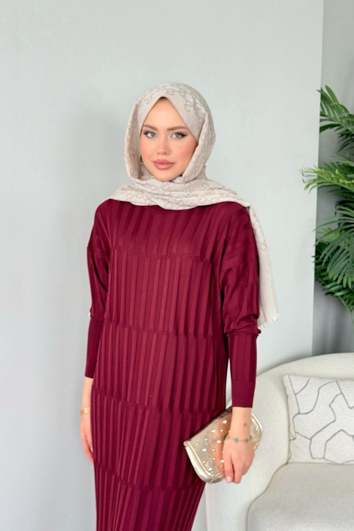 Dolgu Merserize Elbise Bordo, Fiyatları Dolgu Merserize Elbise Bordo- Haza Moda 