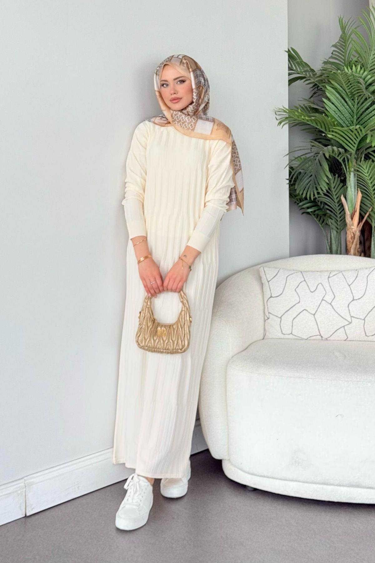 Dolgu Merserize Elbise Krem, Fiyatları Dolgu Merserize Elbise Krem- Haza Moda 