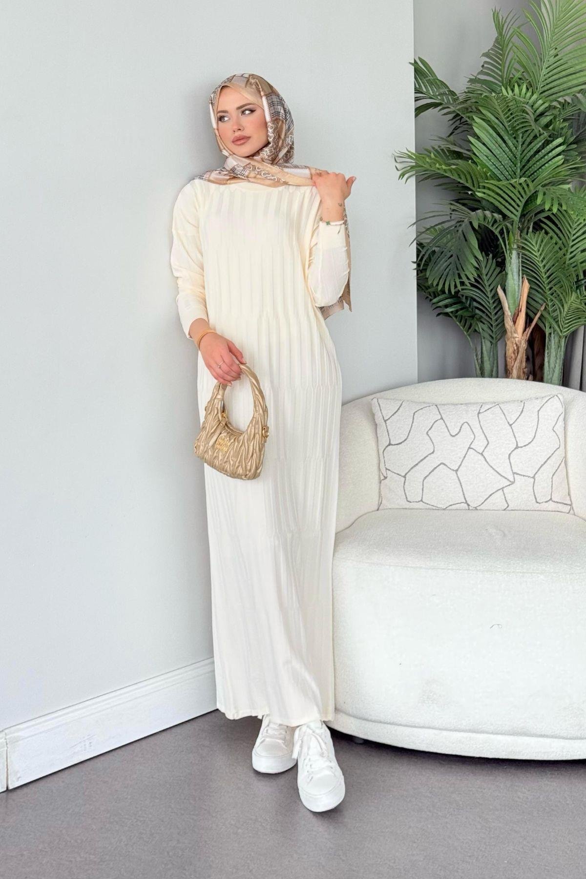 Dolgu Merserize Elbise Krem, Fiyatları Dolgu Merserize Elbise Krem- Haza Moda 