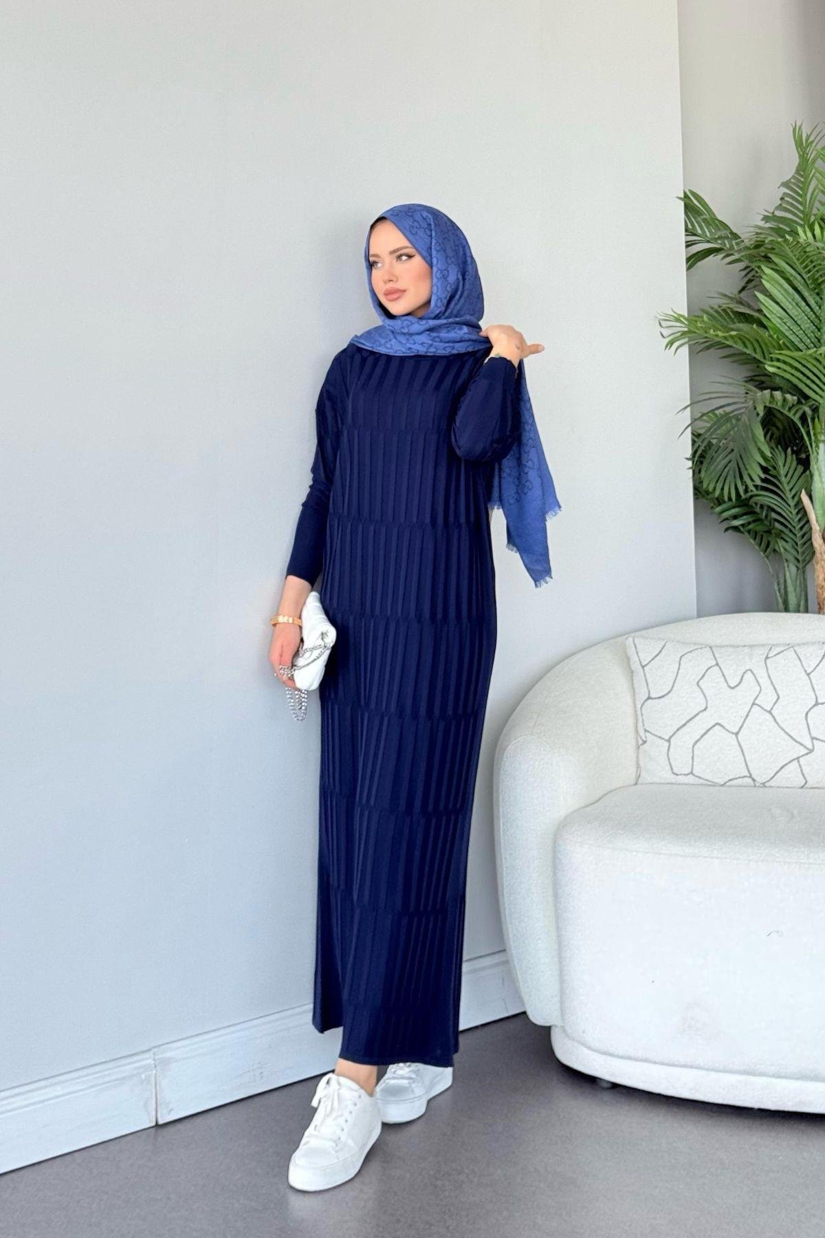 Dolgu Merserize Elbise Lacivert, Fiyatları Dolgu Merserize Elbise Lacivert - Haza Moda 