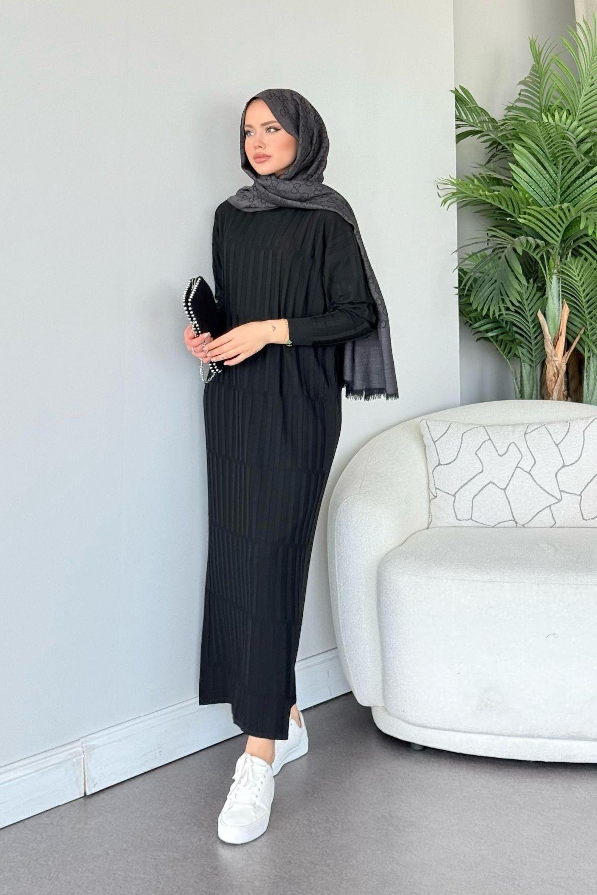 Dolgu Merserize Elbise Siyah, Fiyatları Dolgu Merserize Elbise Siyah - Haza Moda 