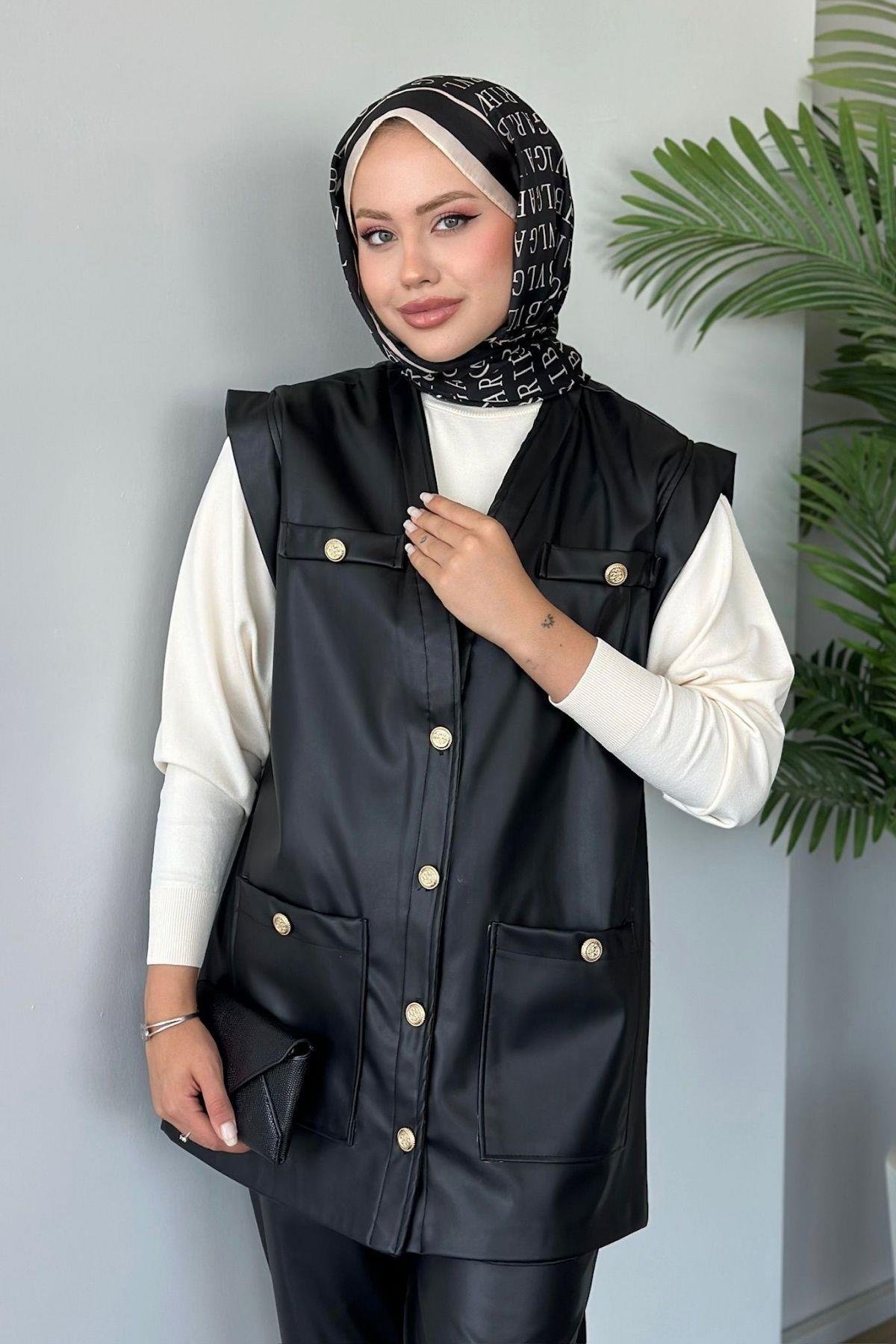 Düğmeli Deri Yelek Siyah, Fiyatları 