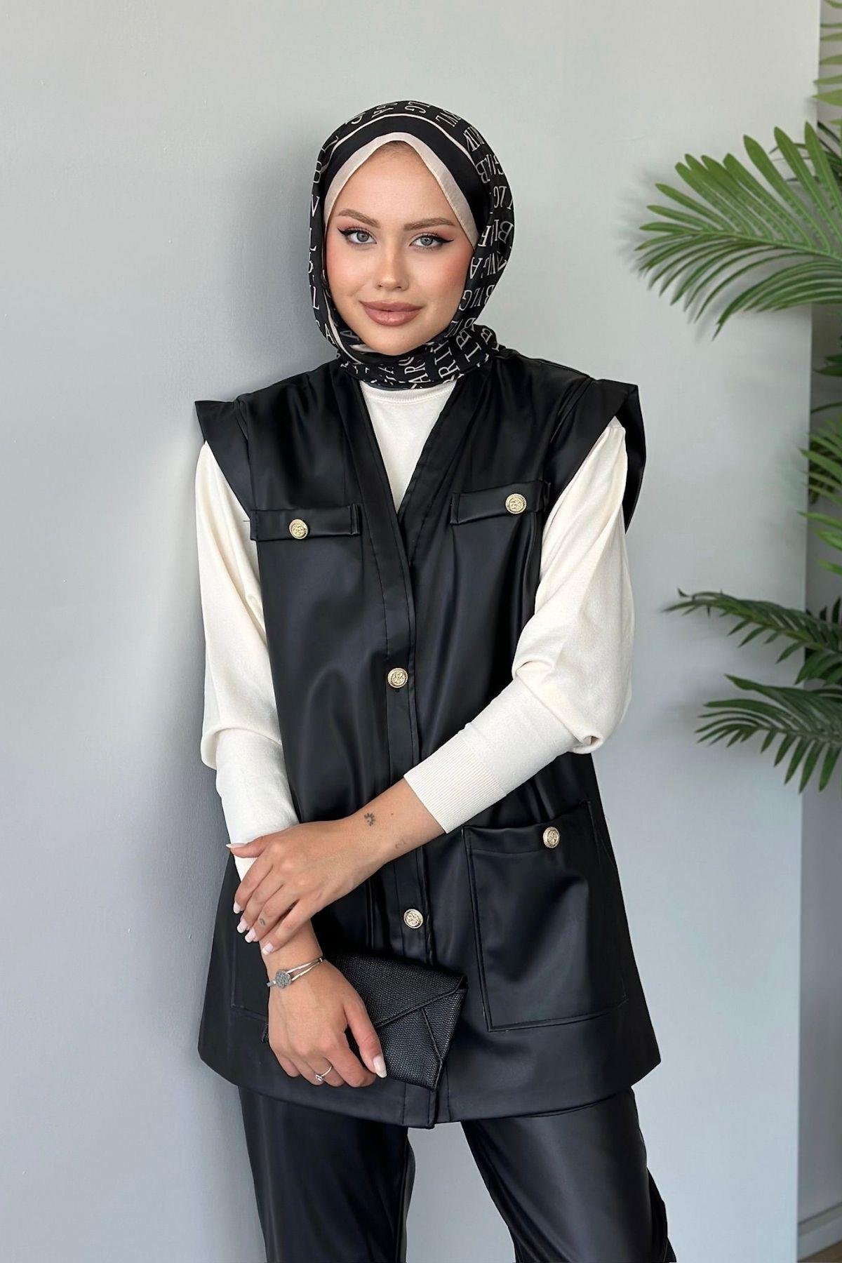 Düğmeli Deri Yelek Siyah, Fiyatları 