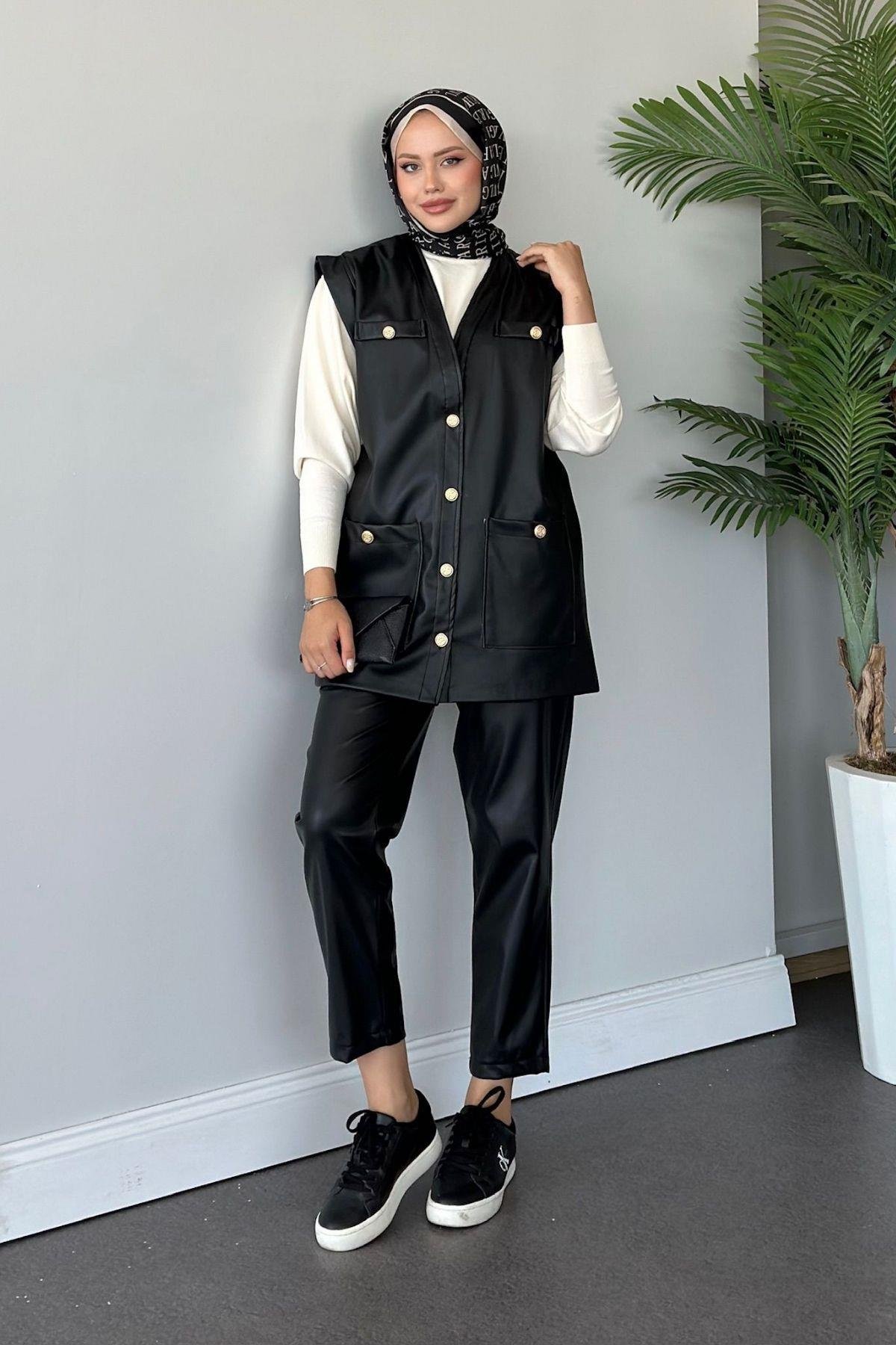 Düğmeli Deri Yelek Siyah, Fiyatları 