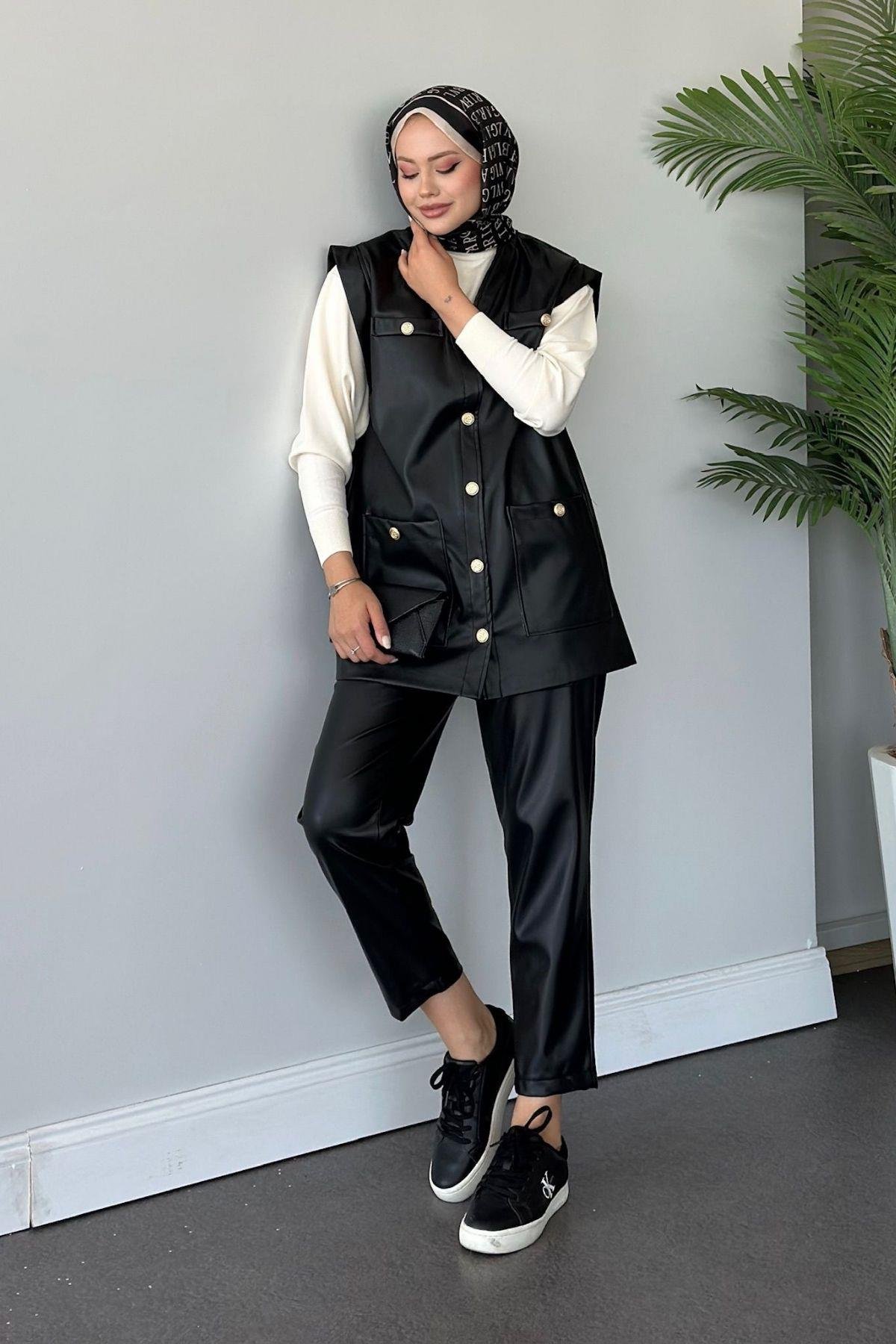 Düğmeli Deri Yelek Siyah, Fiyatları 