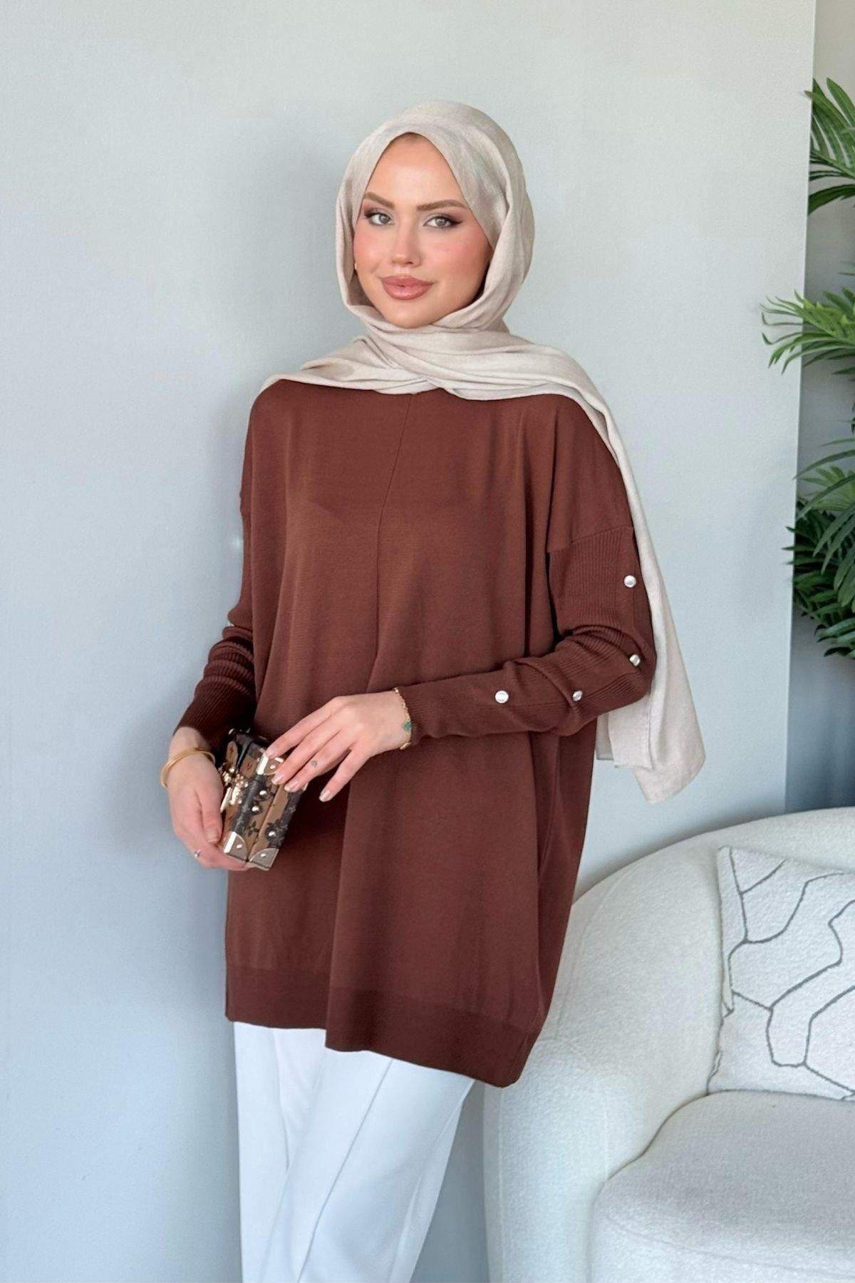 Düğmeli Merserize Tunik Acıkahve, Fiyatları 