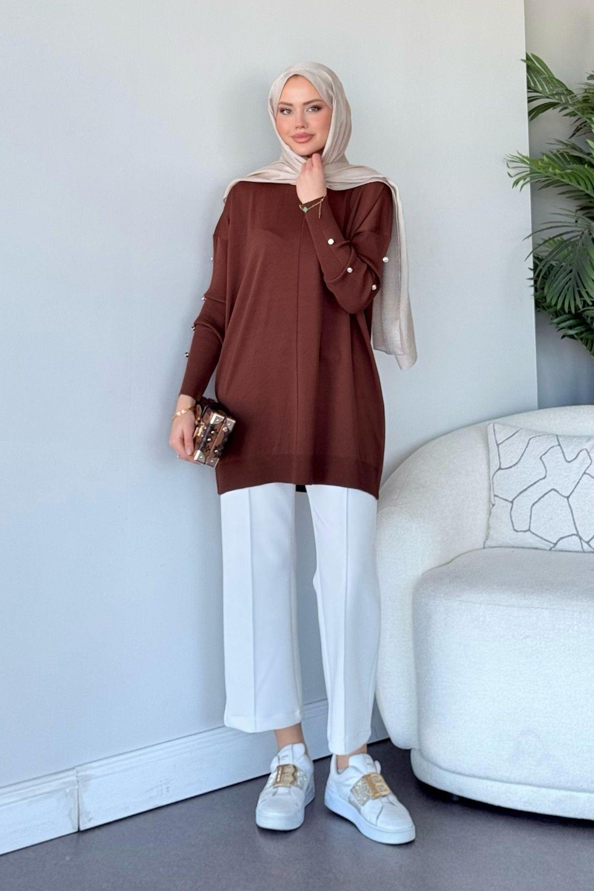 Düğmeli Merserize Tunik Acıkahve, Fiyatları 