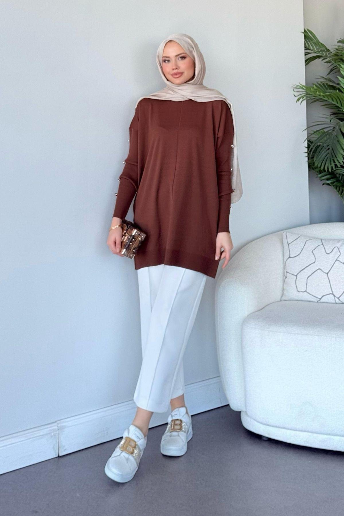 Düğmeli Merserize Tunik Acıkahve, Fiyatları 