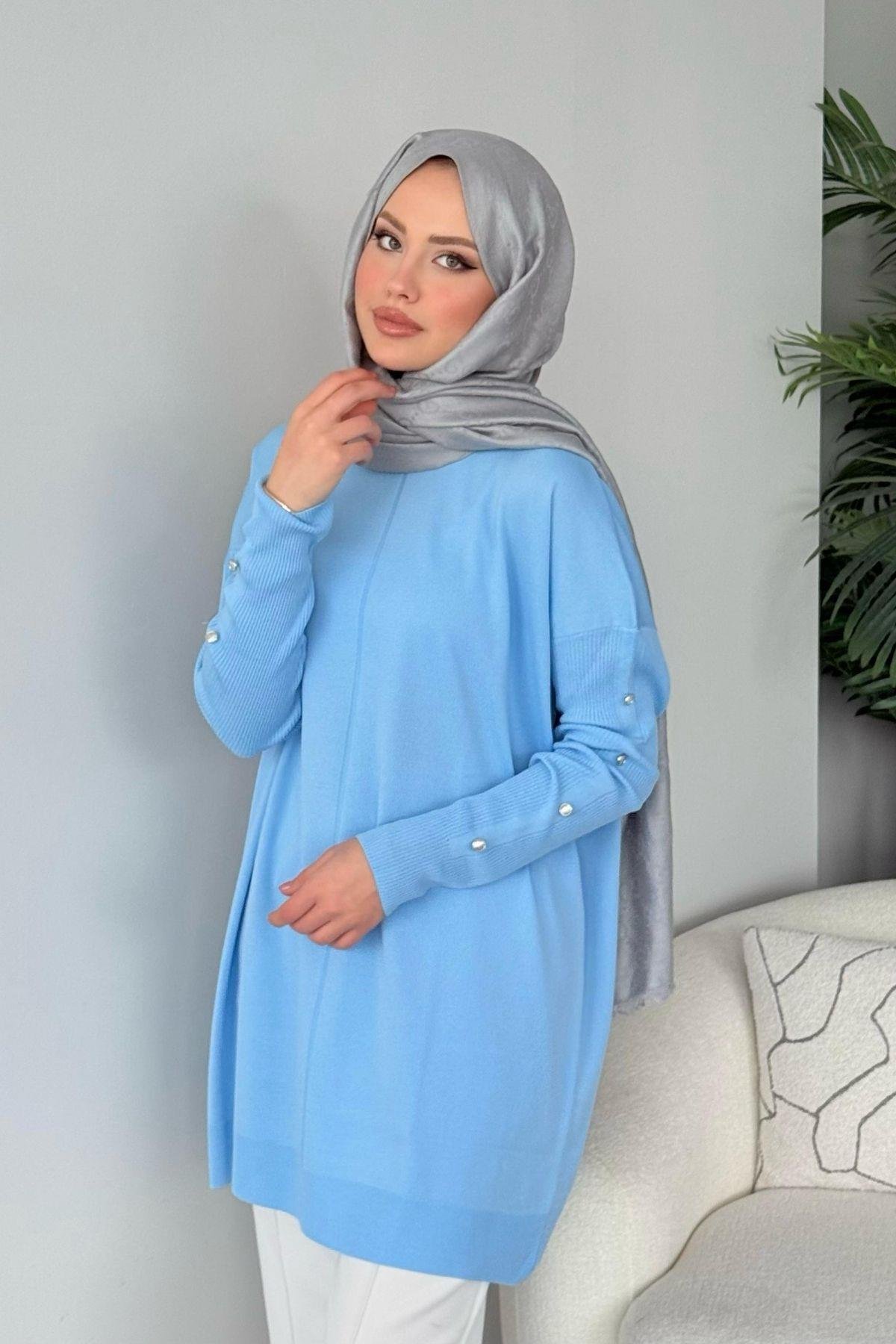 Düğmeli Merserize Tunik Bebe Mavi, Fiyatları Düğmeli Merserize Tunik Bebe Mavi - Haza Moda 