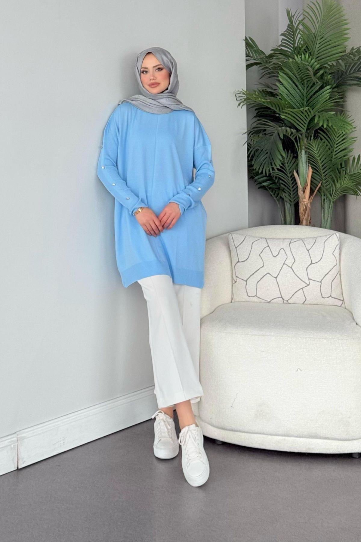 Düğmeli Merserize Tunik Bebe Mavi, Fiyatları Düğmeli Merserize Tunik Bebe Mavi - Haza Moda 