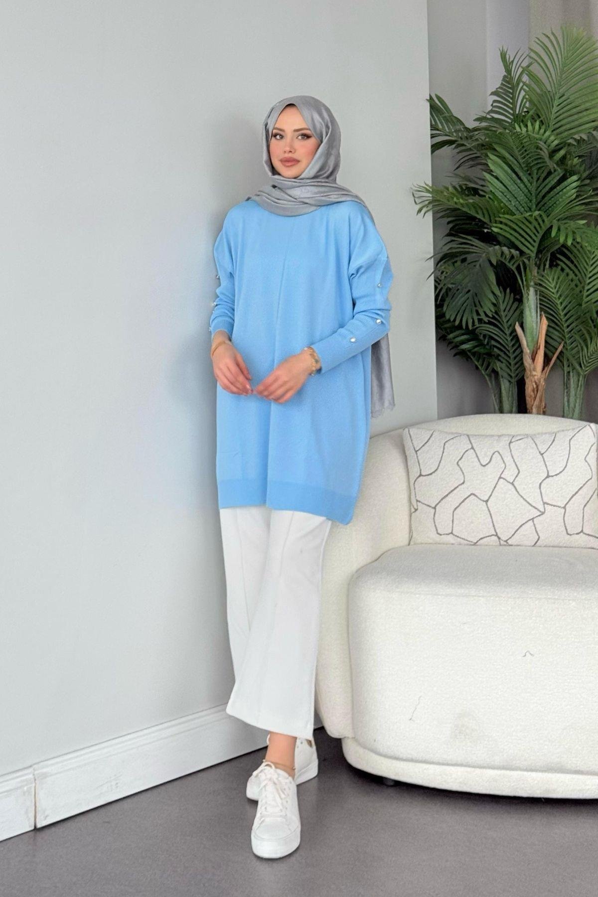 Düğmeli Merserize Tunik Bebe Mavi, Fiyatları Düğmeli Merserize Tunik Bebe Mavi - Haza Moda 