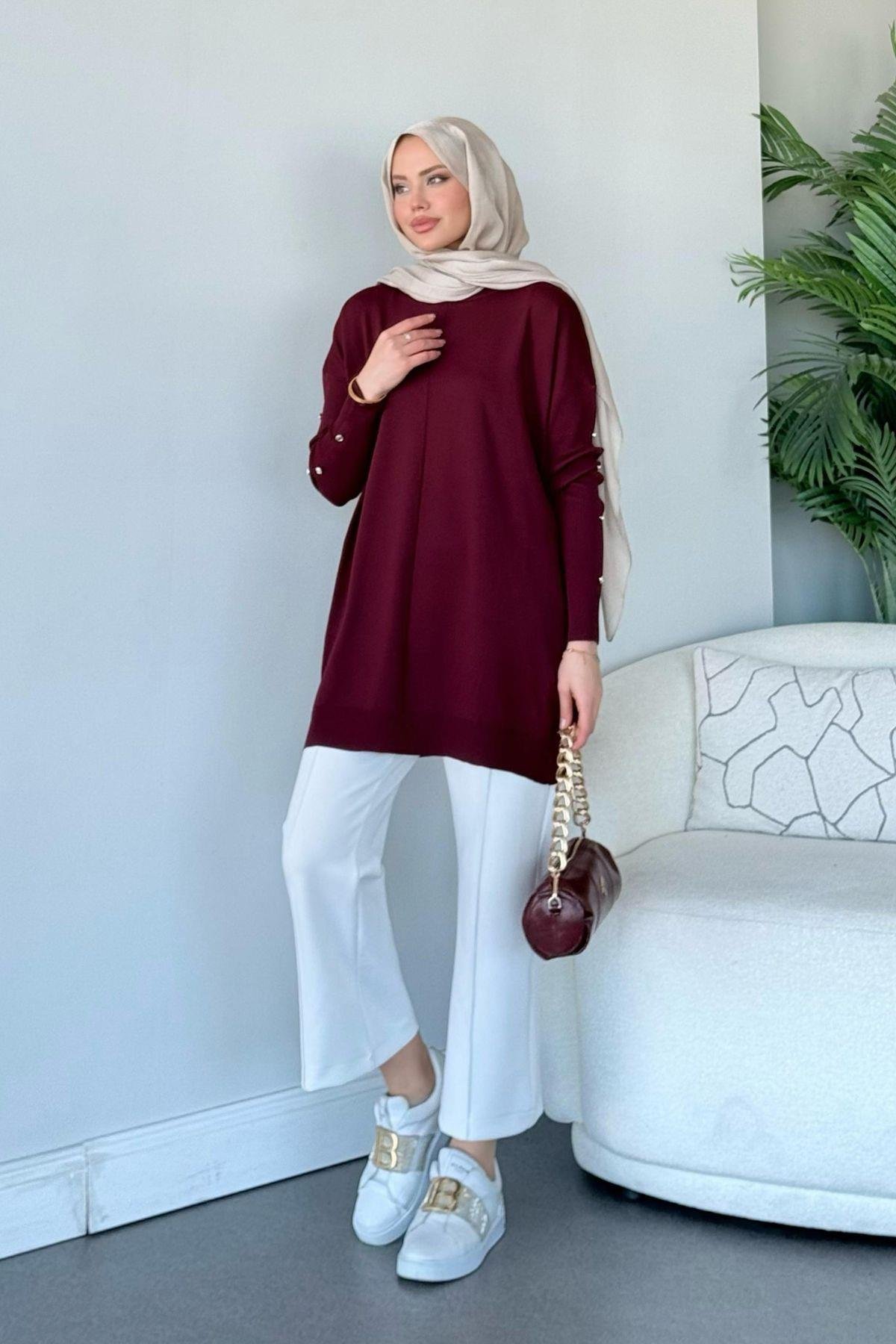 Düğmeli Merserize Tunik Bordo, Fiyatları 