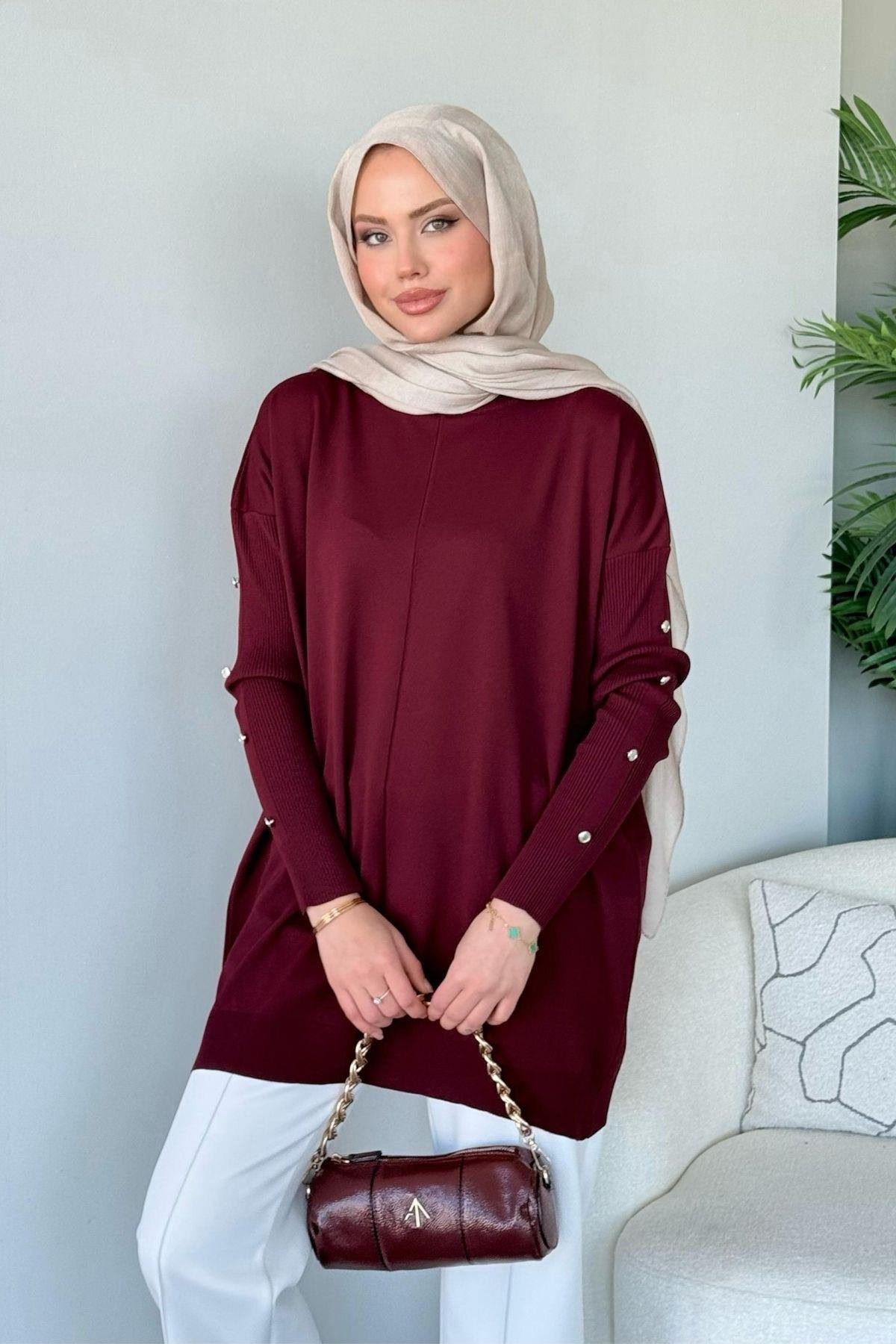 Düğmeli Merserize Tunik Bordo, Fiyatları 