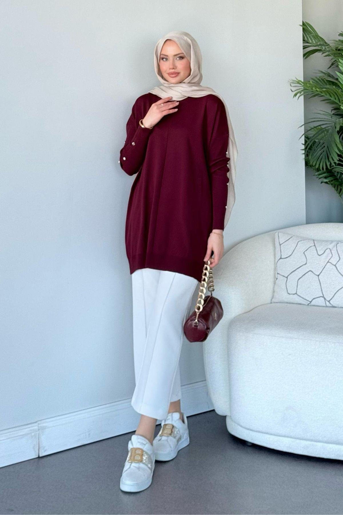 Düğmeli Merserize Tunik Bordo, Fiyatları 
