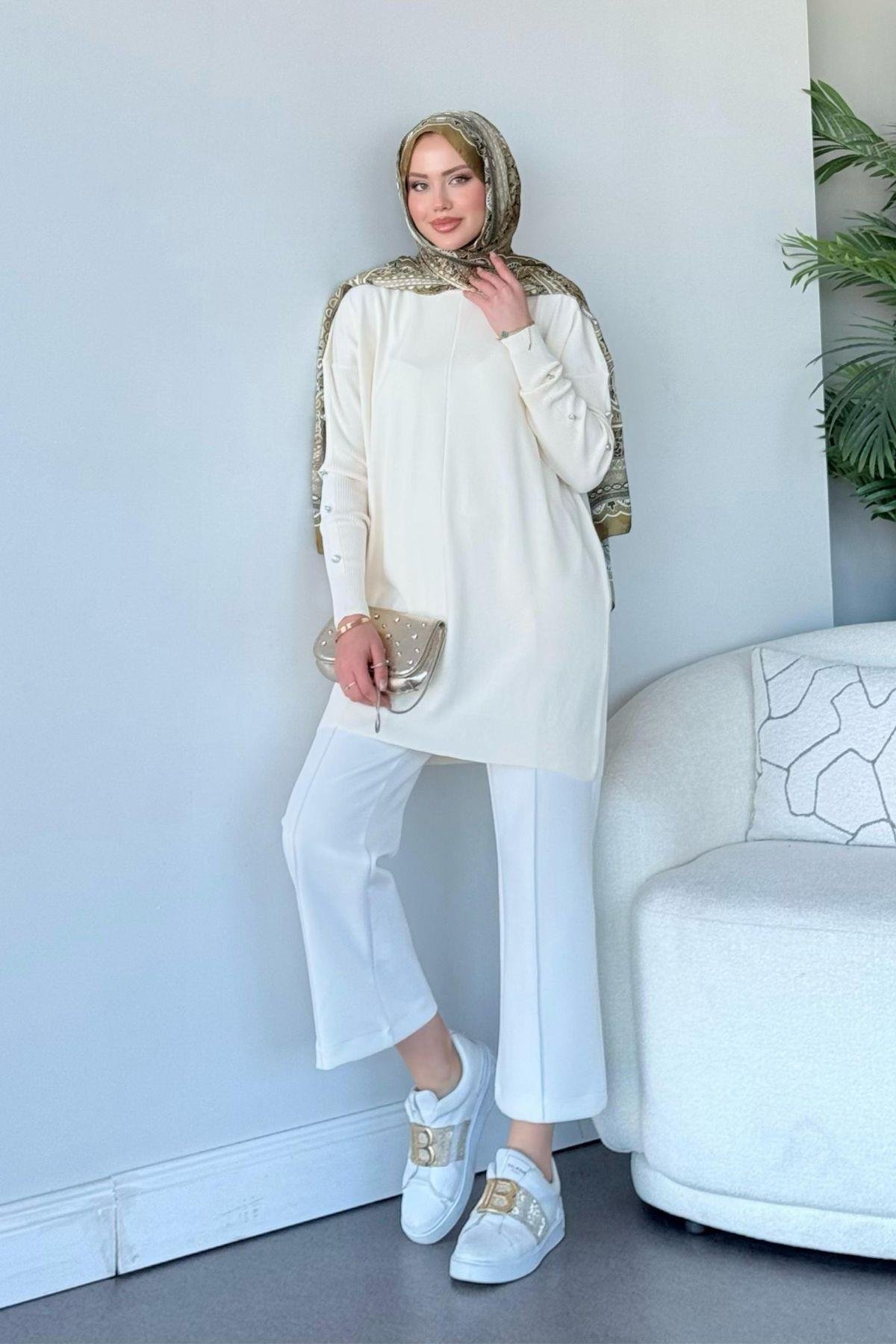 Düğmeli Merserize Tunik Ekru, Fiyatları 