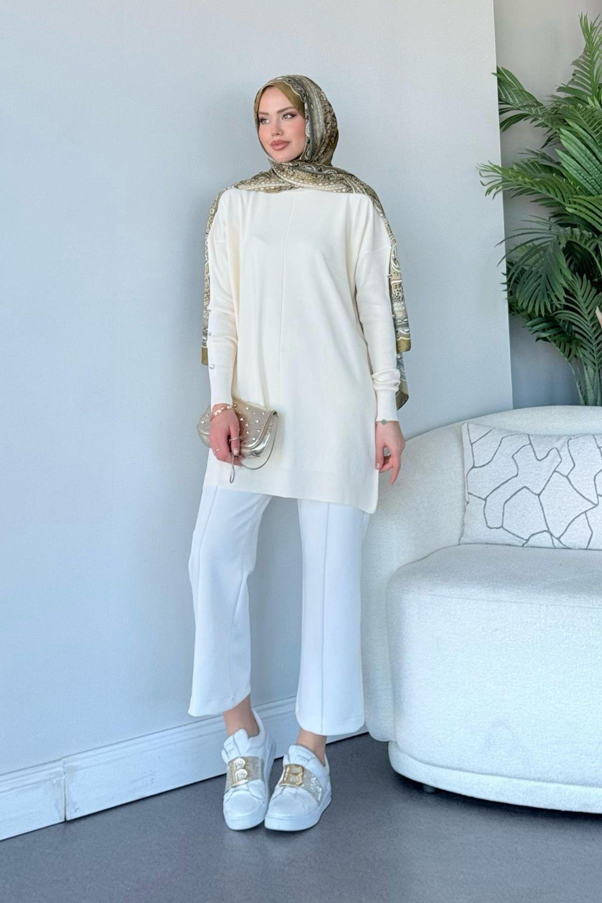 Düğmeli Merserize Tunik Ekru, Fiyatları 